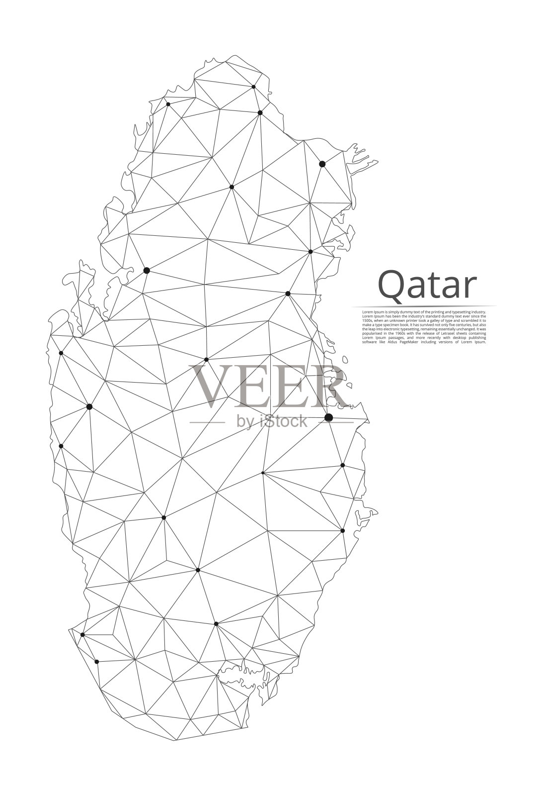 卡塔尔通信网络地图。矢量低多边形图像的全球地图与灯光在城市的形式或人口密度组成的点、形状和空间。容易编辑插画图片素材