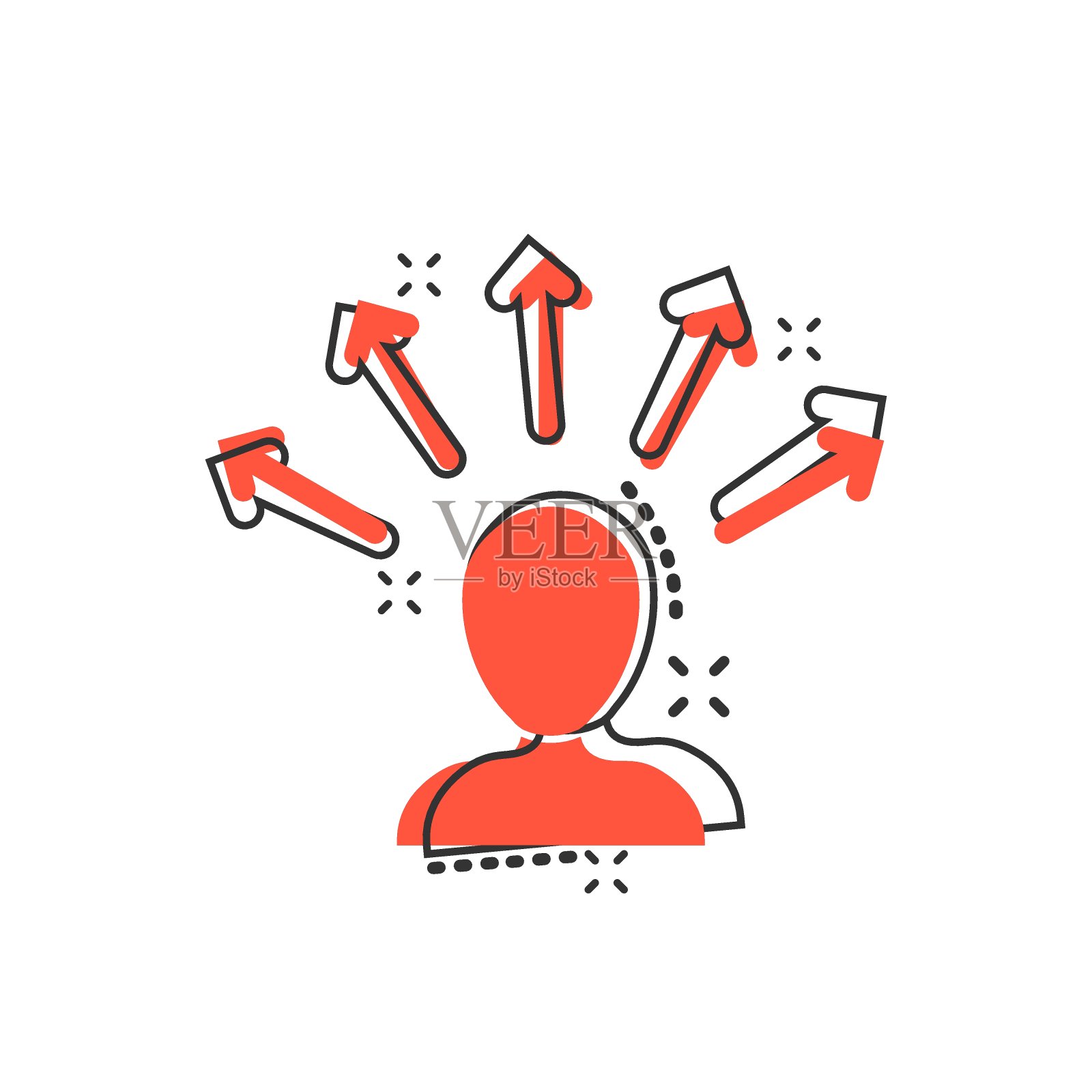 漫画风格的意识图标。想法人类矢量卡通插图在白色孤立的背景。客户头脑,企业理念喷溅效果。插画图片素材