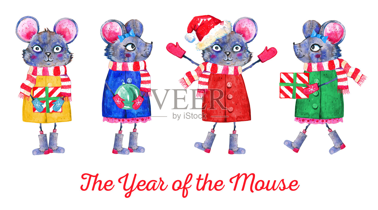 设置四个卡通鼠标角色在不同的姿势。手绘水彩插图。带着礼物和玩具的老鼠插画图片素材