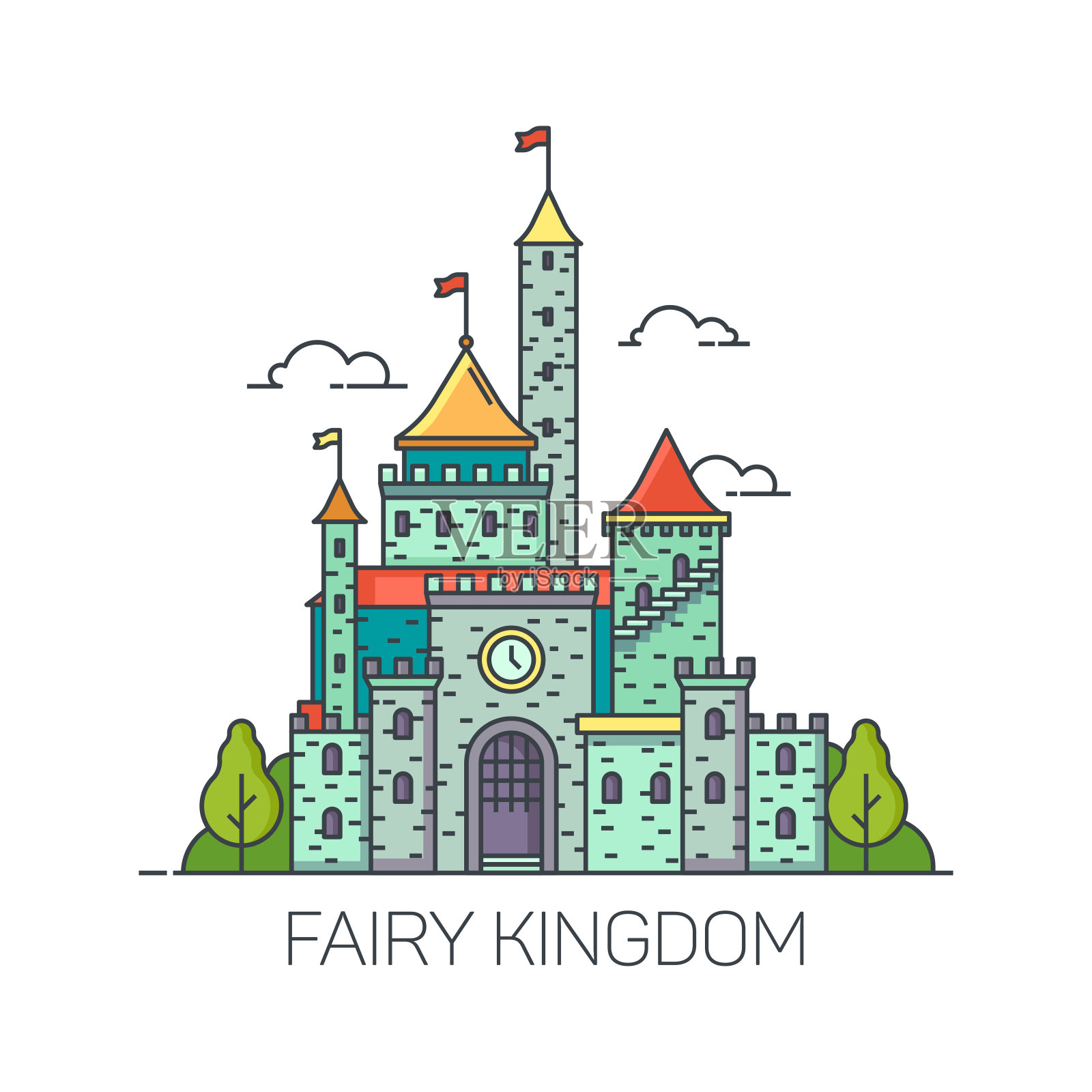 卡通童话城堡或平坦的王国堡垒插画图片素材