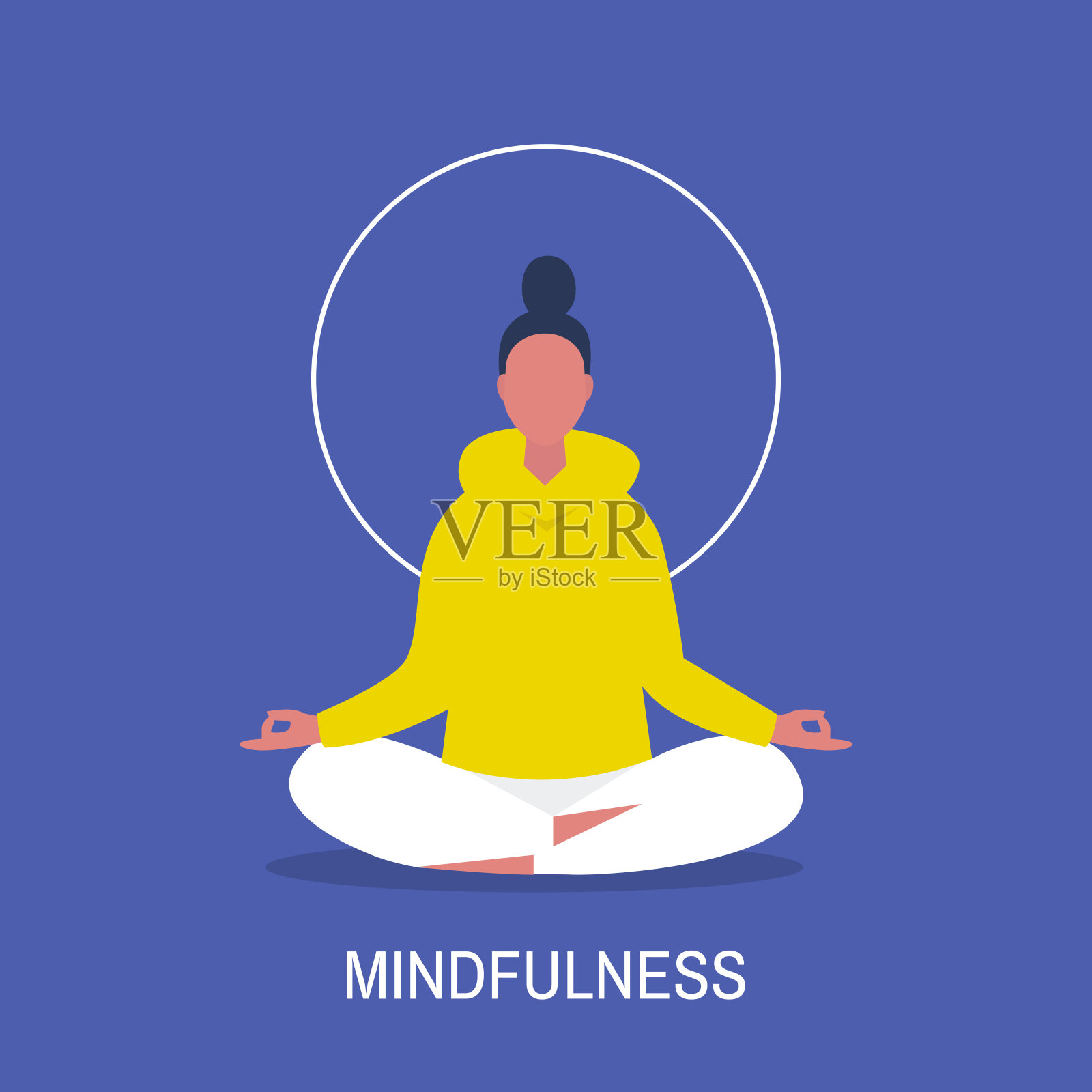 冥想。瑜伽课。和谐与放松。平静的女性人物坐在莲花的姿势。平面可编辑矢量插图,剪辑艺术。现代健康的生活方式插画图片素材