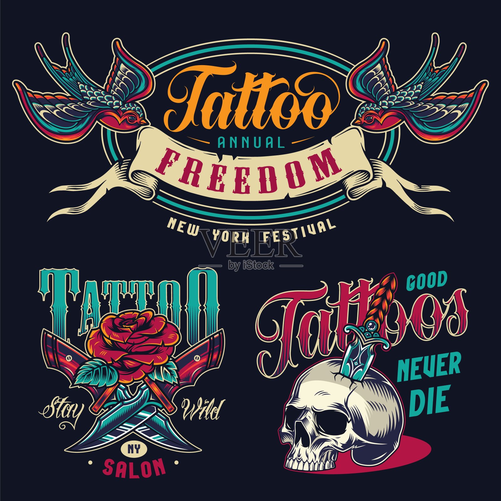 复古纹身沙龙彩色印花插画图片素材