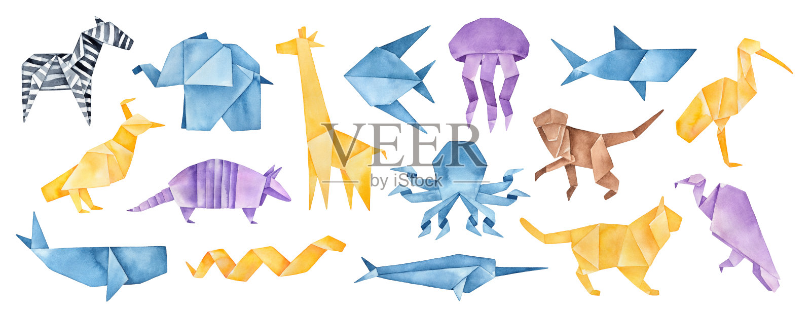 折叠动物的大插图收集。蓝色,黄色,紫色,棕色。手绘水彩图形绘制在白色的背景,裁剪裁剪元素的创意设计。插画图片素材