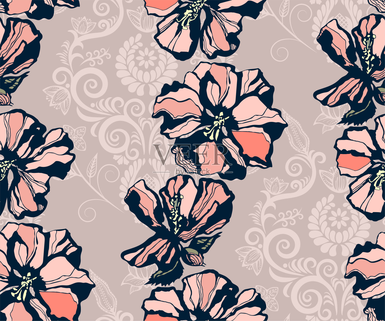 无缝花卉图案与木槿和观赏手绘装饰背景。民族无缝图案点缀。矢量模式。印刷纺织品,布料,墙纸,剪贴簿插画图片素材