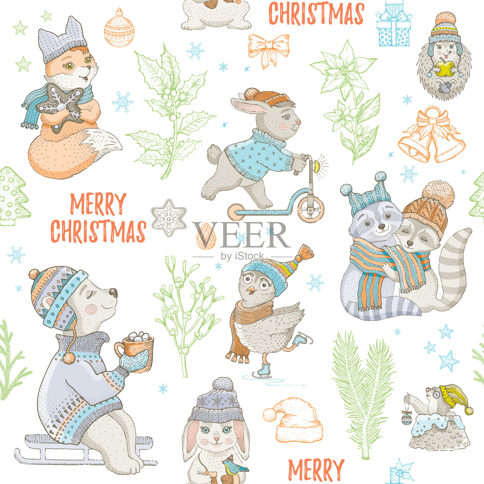 圣诞可爱动物无缝图案。嘟嘟熊兔子浣熊猫头鹰狐狸鼹鼠。手绘草图背景。圣诞孤立矢量插图。包装纸,儿童包装,儿童织物印花插画图片素材