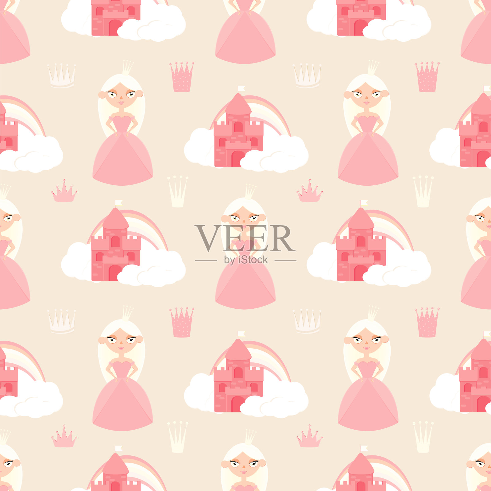 用公主、城堡的童稚无缝图案。创意矢量幼稚的背景织物,纺织品插画图片素材