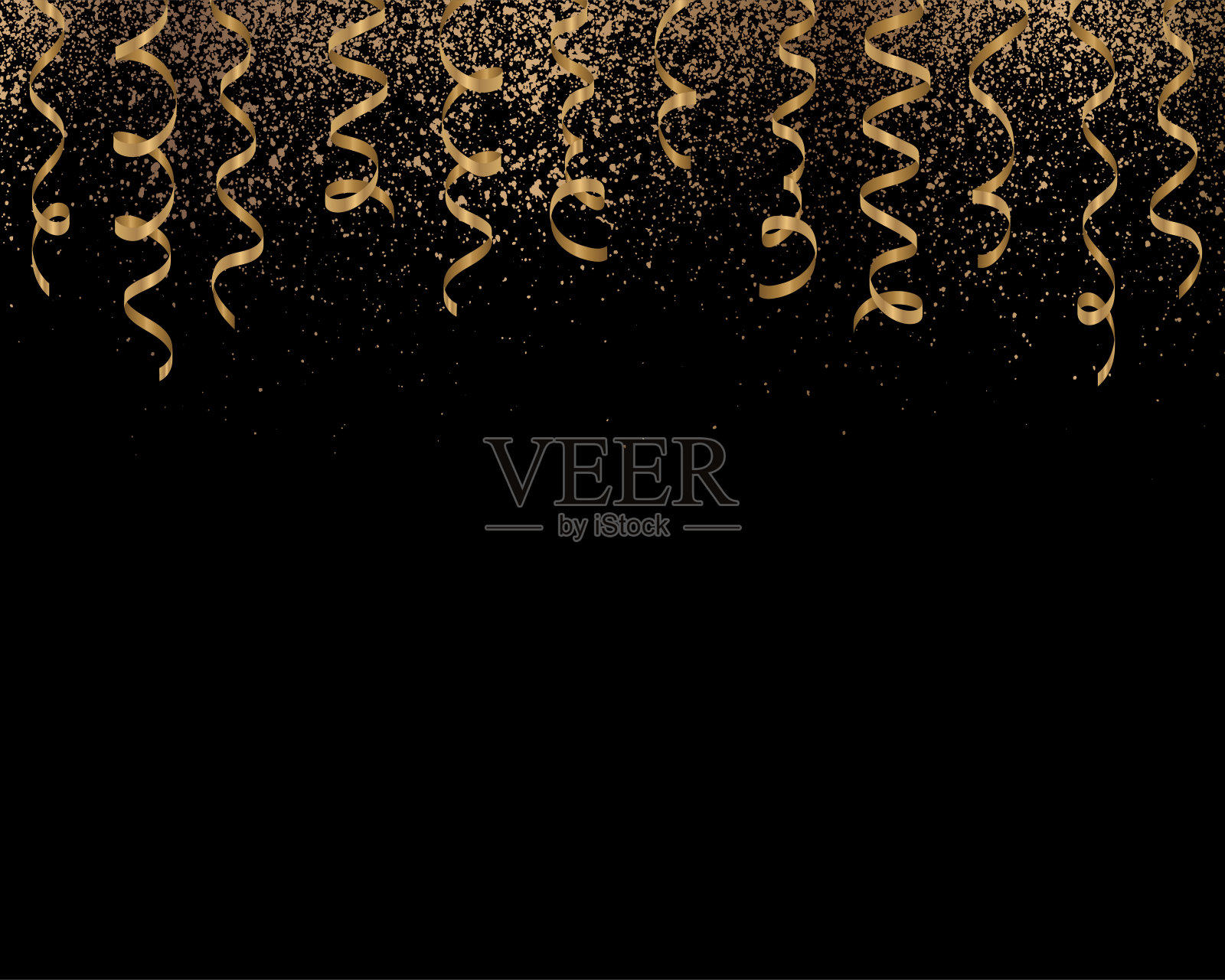 落下的金色卷曲丝带或带有五彩纸屑的派对蛇形丝带。插画图片素材