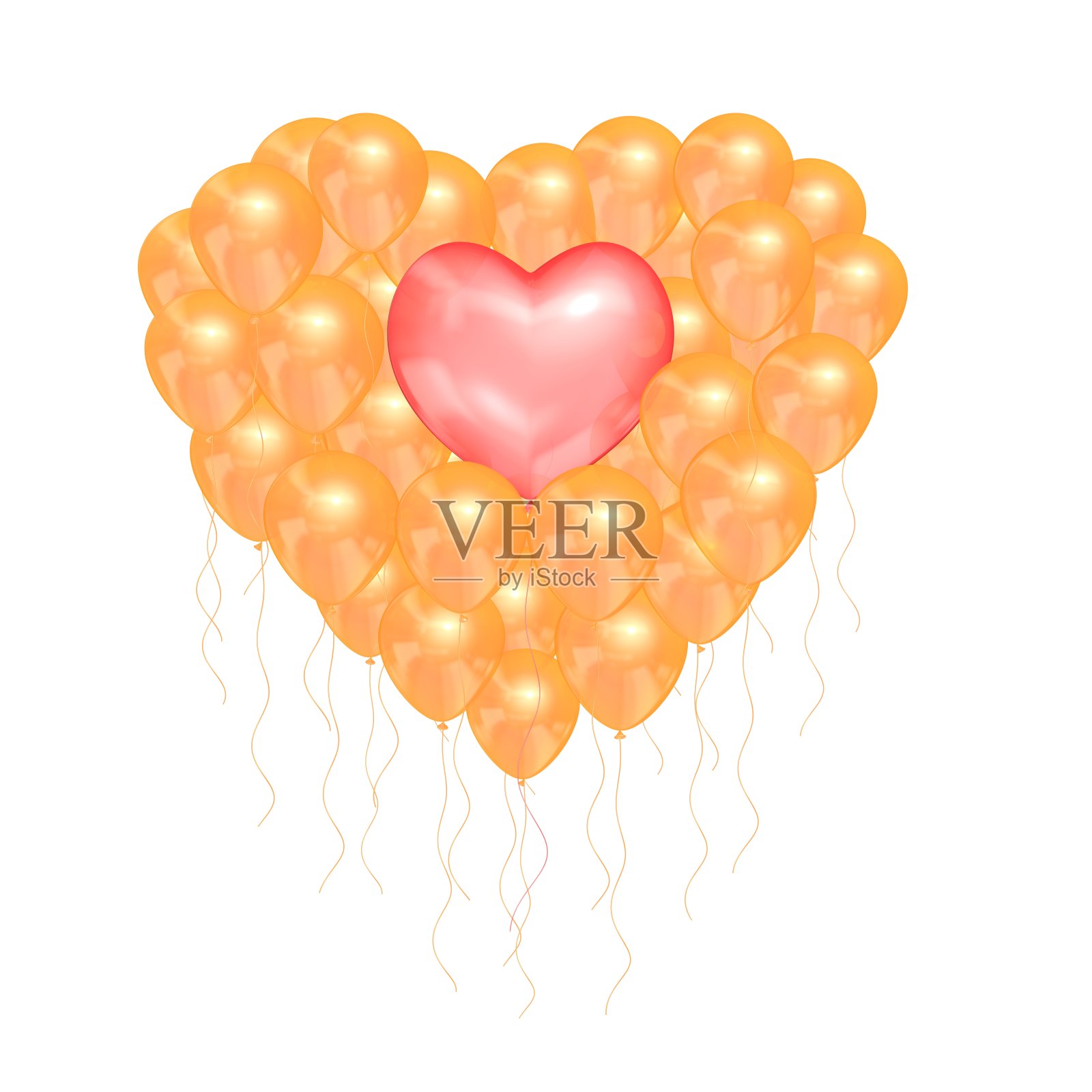 在白色孤立的背景上,粉红色的心形气球被金色的气球包围。三维渲染照片摄影图片