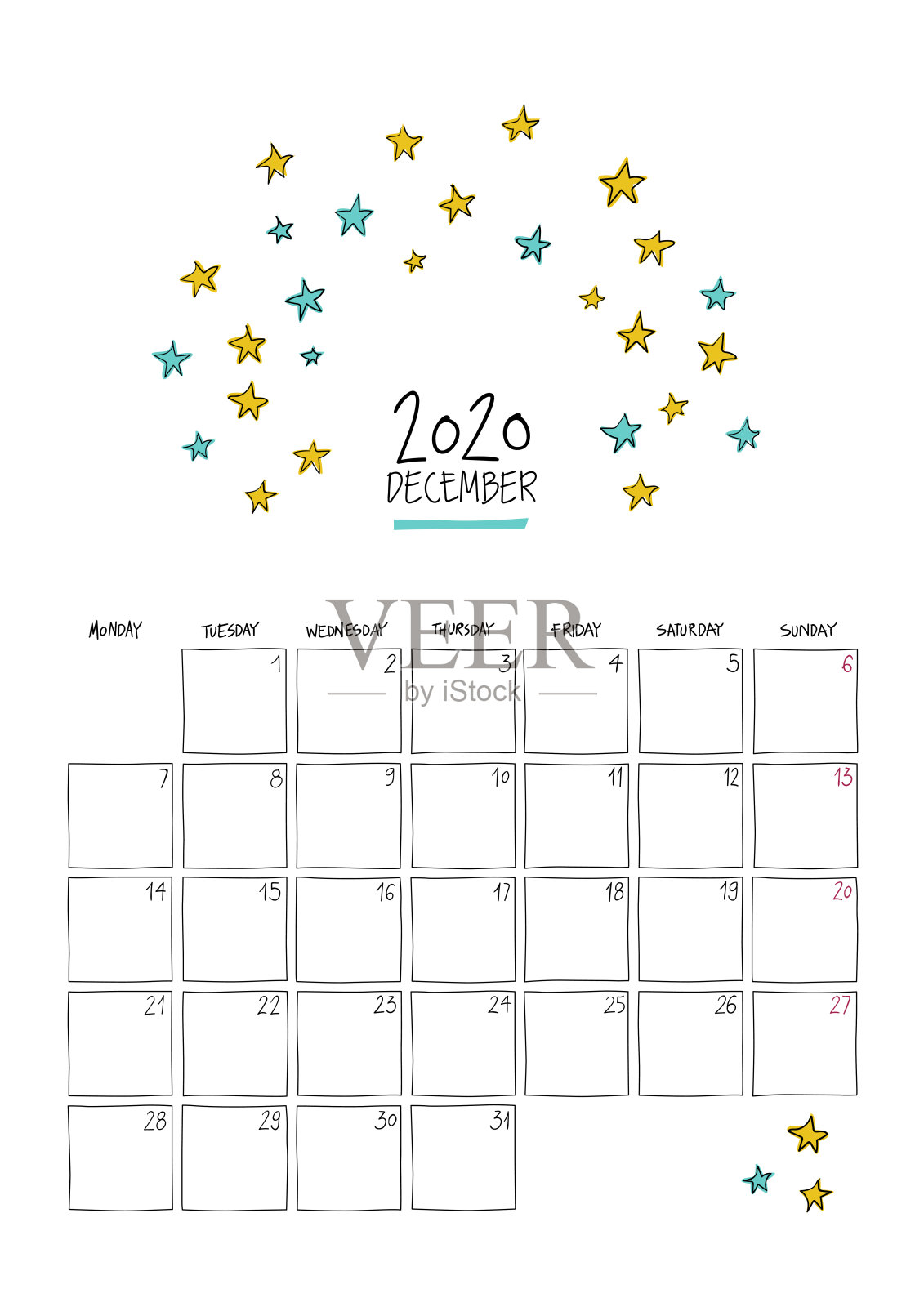 2020年12月挂历。彩色素描垂直模板。A4大小插画图片素材