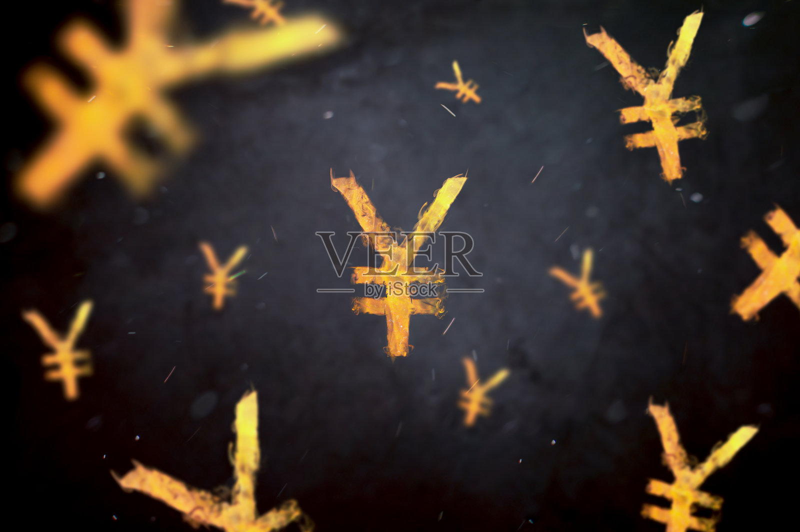 燃烧的日元符号漂浮在太空中。外汇市场货币交易风险管理的概念照片摄影图片