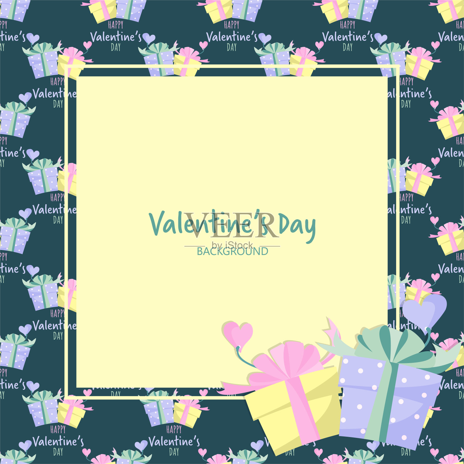 情人节的背景可爱的礼盒和情人节快乐文本框为您的复制空间。爱情和情人节的概念。矢量插图。设计模板素材