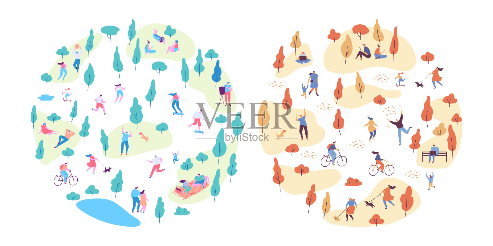 秋夏矢量公园背景。公园里有很多人。季节变化。插画图片素材