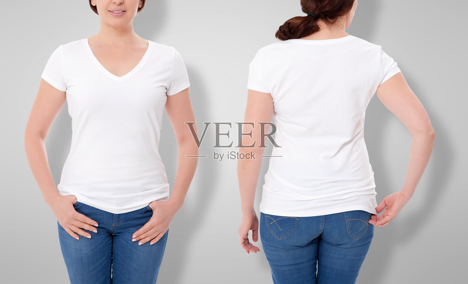 衬衫设计和人的概念-近距离的女人在空白的白色t恤的前面和后面孤立。为设计清理空模型模板。照片摄影图片