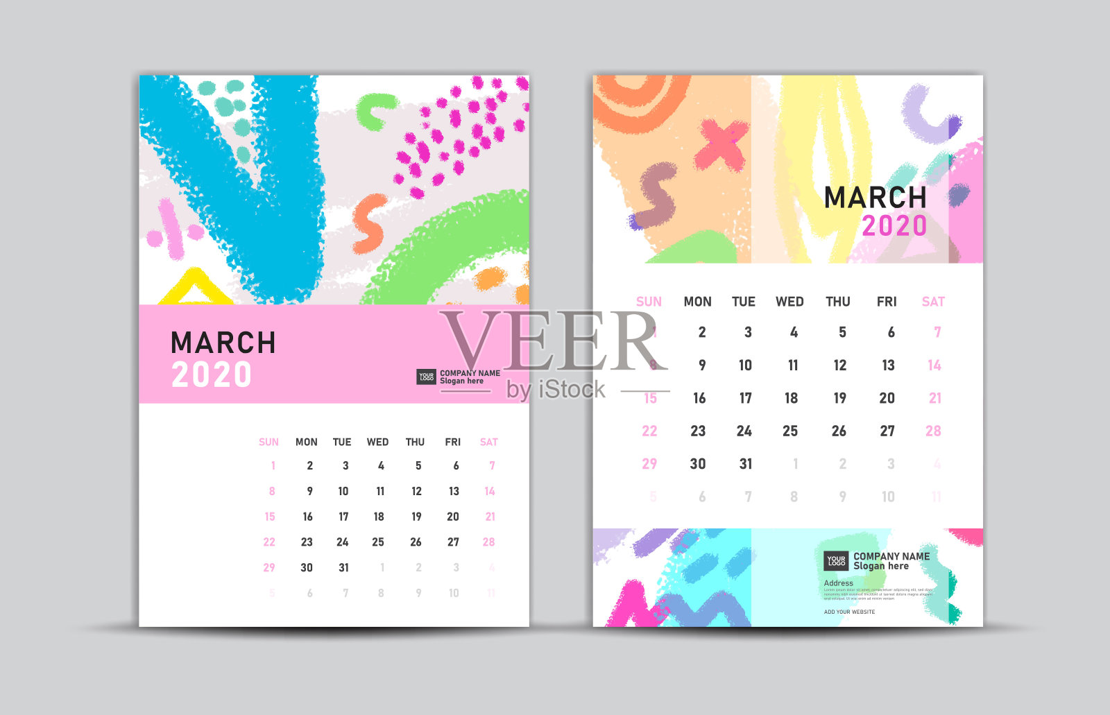 日历2020模板,3月,桌面日历2020,孟菲斯风格背景,矢量布局,印刷媒体,广告,a5, a4, a3大小设计模板素材