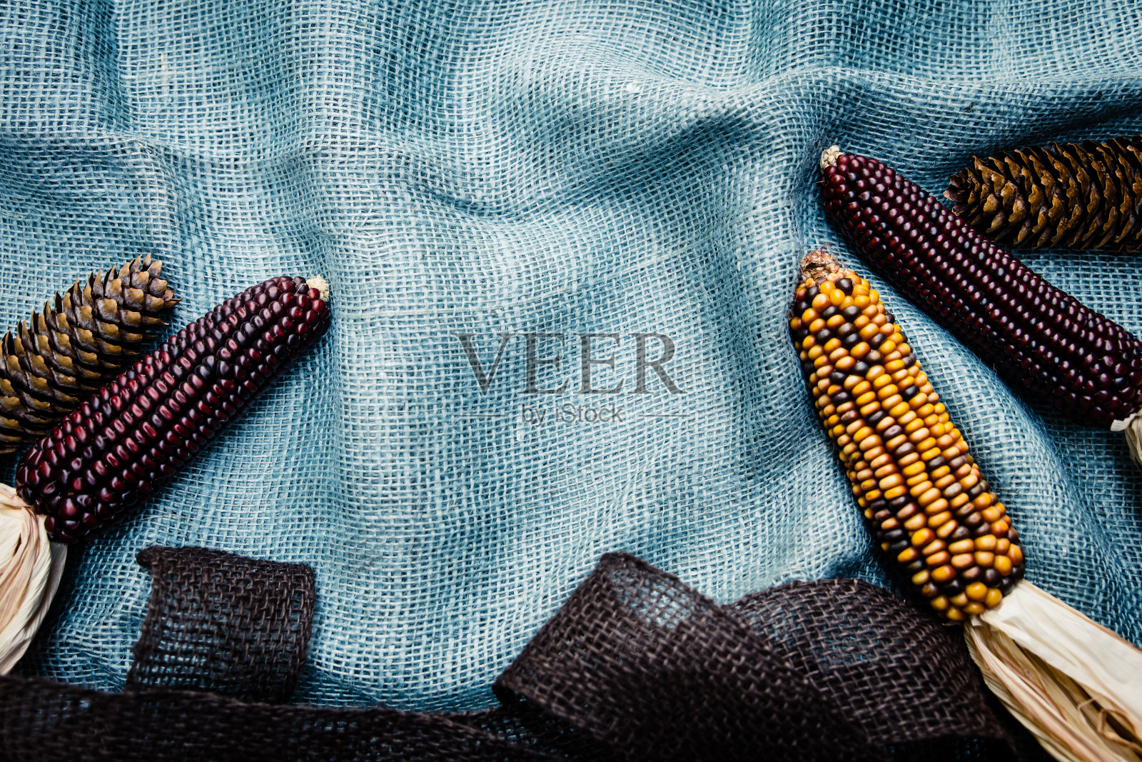蓝色粗麻袋上的松果和玉米芯照片摄影图片