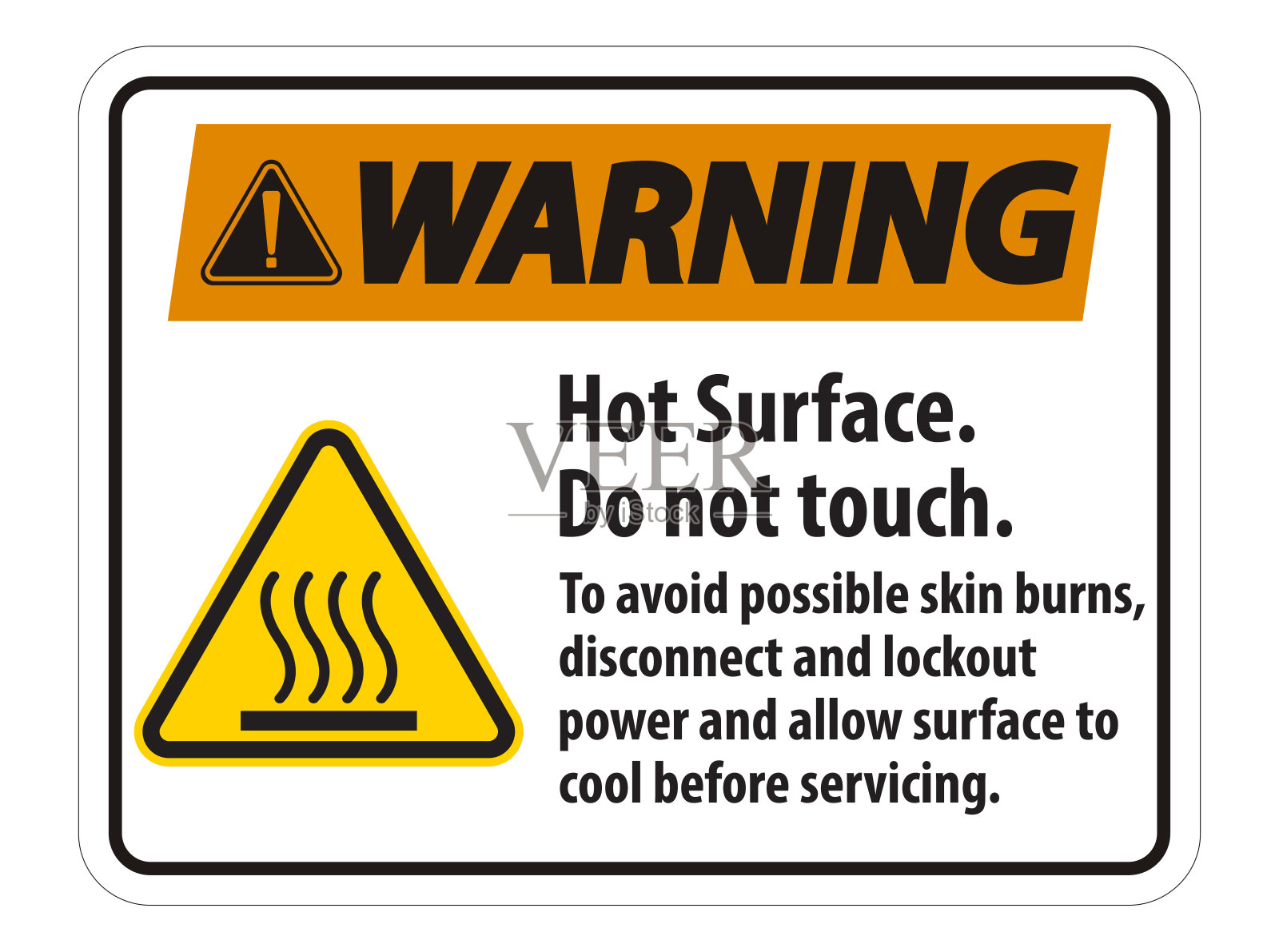 热表面,不要触摸,以避免可能的皮肤烧伤,断开和锁定电源,并在维修前让表面冷却符号标志隔离白色背景,矢量图插画图片素材