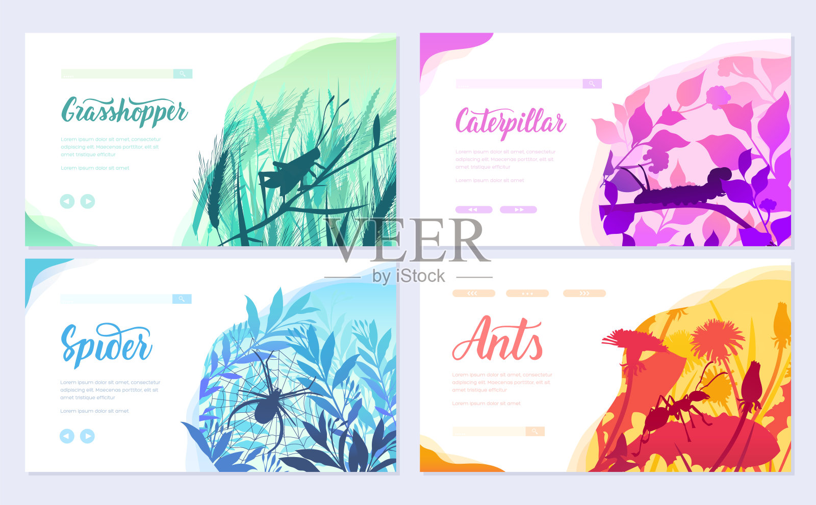 微型昆虫的小册子。环境中有甲虫的一组传单。模板的传单,网页横幅,ui头,进入网站。邀请概念背景。布局现代滑块页插画图片素材