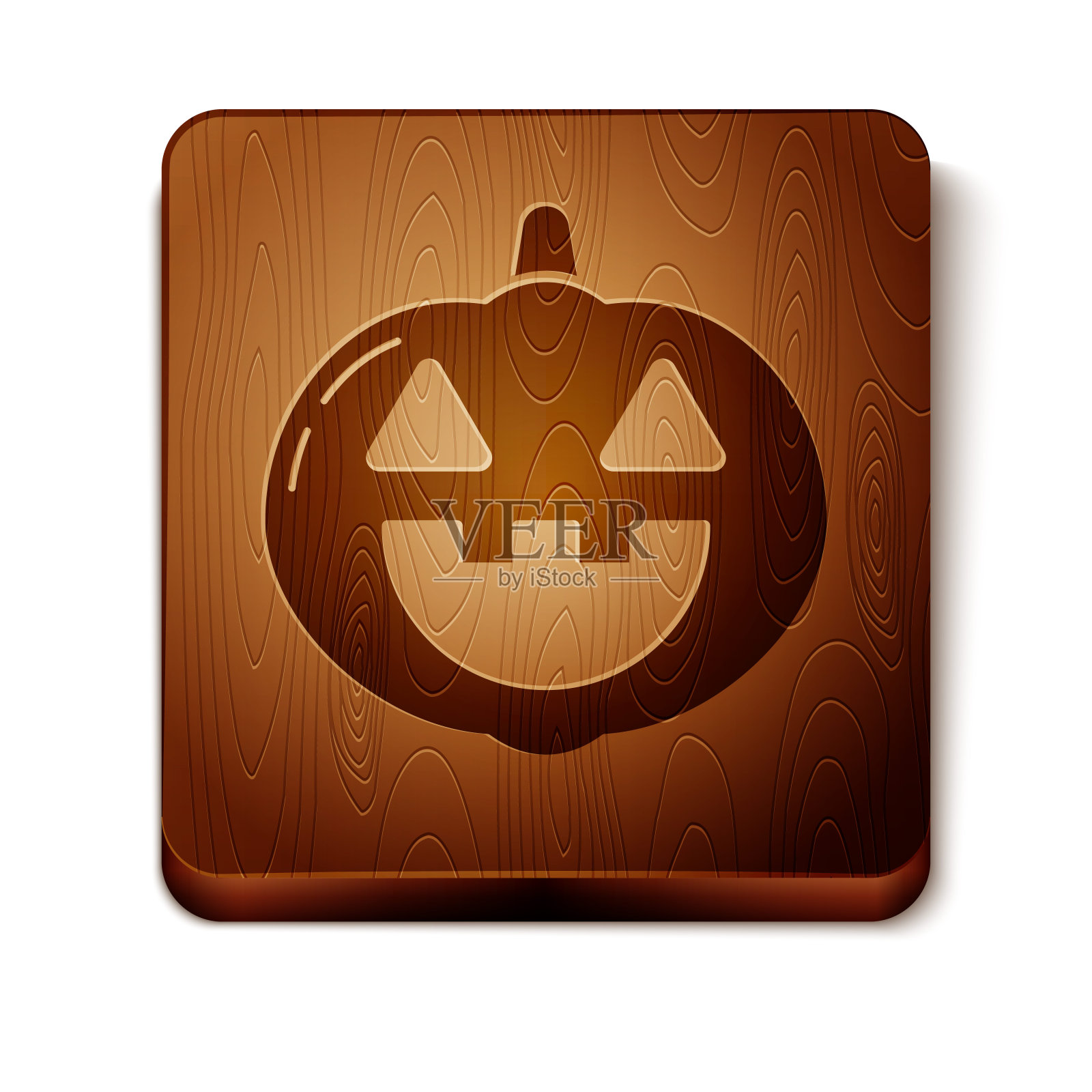 棕色南瓜图标孤立在白色背景。快乐的万圣节派对。木制方形按钮。矢量图插画图片素材