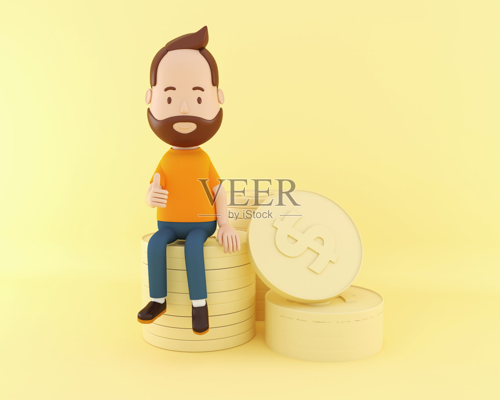 3D卡通人物上一堆金币。照片摄影图片