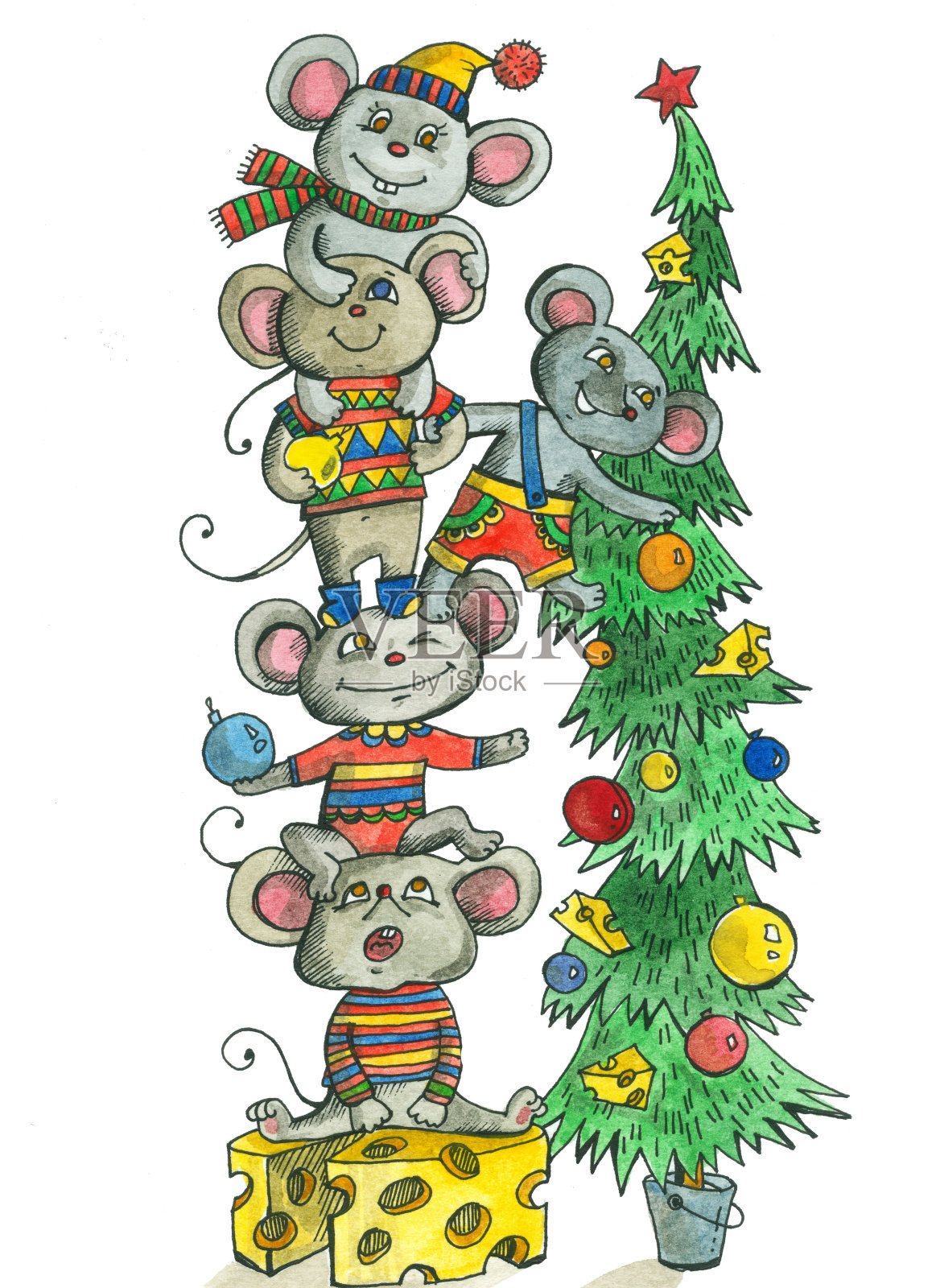 金字塔的老鼠,很多老鼠装饰圣诞树。水彩画新年和圣诞节与老鼠插画图片素材