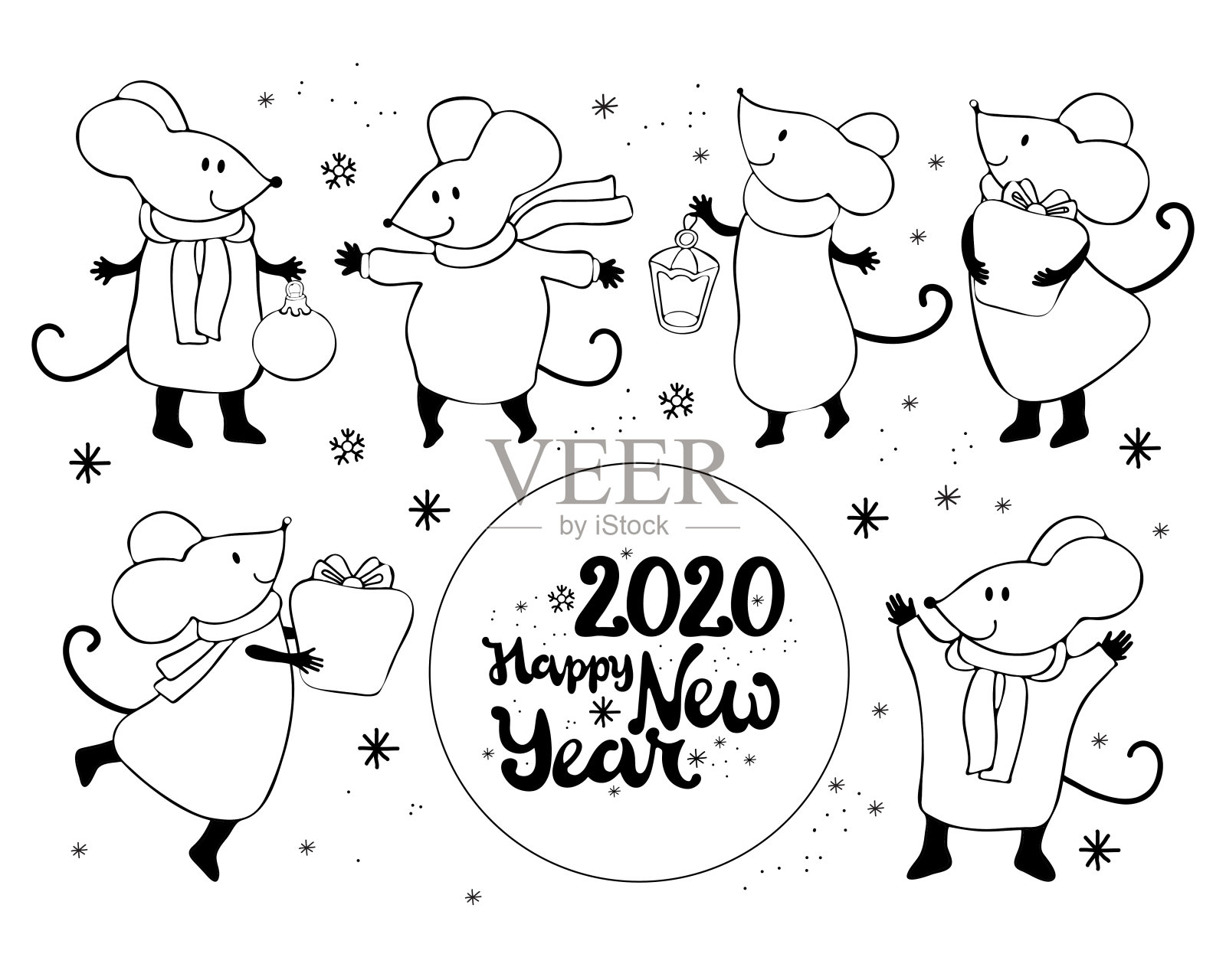 一套可爱的卡通鼠标在向量。中国标志2020年新年。新年快乐。以圣诞和新年为主题的设计插图。手绘黑白线。涂鸦设计元素图片