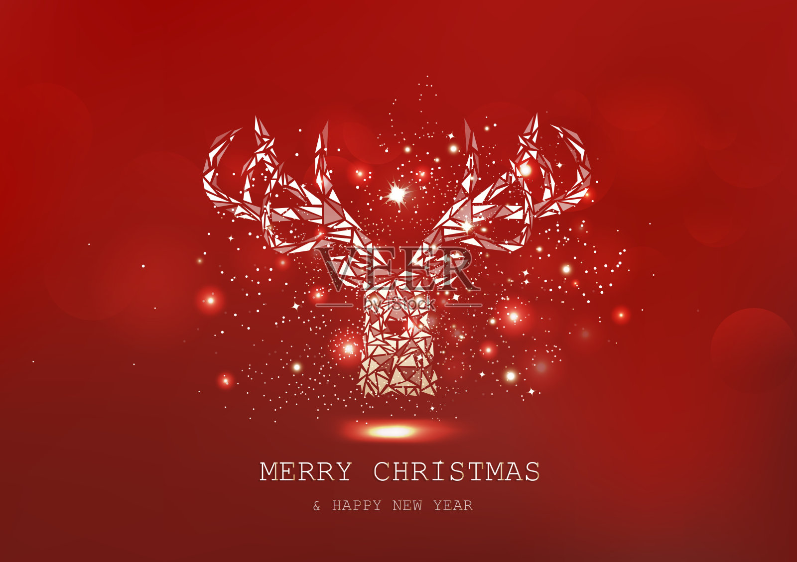圣诞快乐,驯鹿多边形,金色发光粒子散射,海报,红色冬季抽象背景季节性假日矢量插图插画图片素材