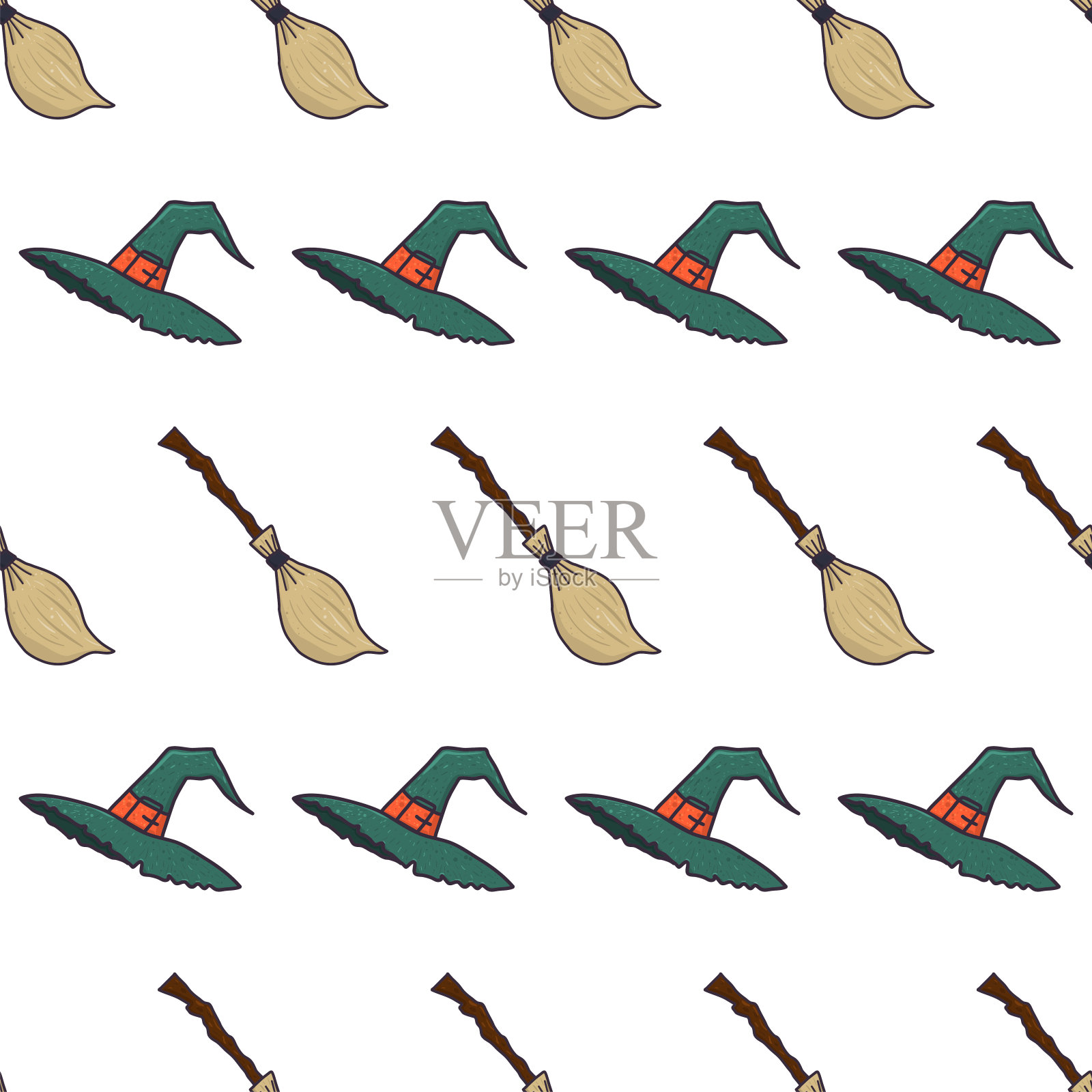 复古女巫帽和扫帚万圣节无缝图案插画图片素材