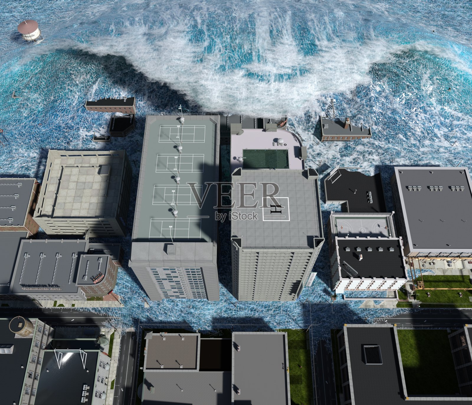 海啸波启示水视图城市洪水风暴。3D插图照片摄影图片