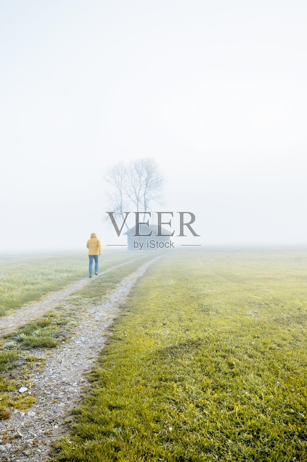 在巴伐利亚一个雾天,一名男子在路上奔跑,背景是一间小木屋照片摄影图片