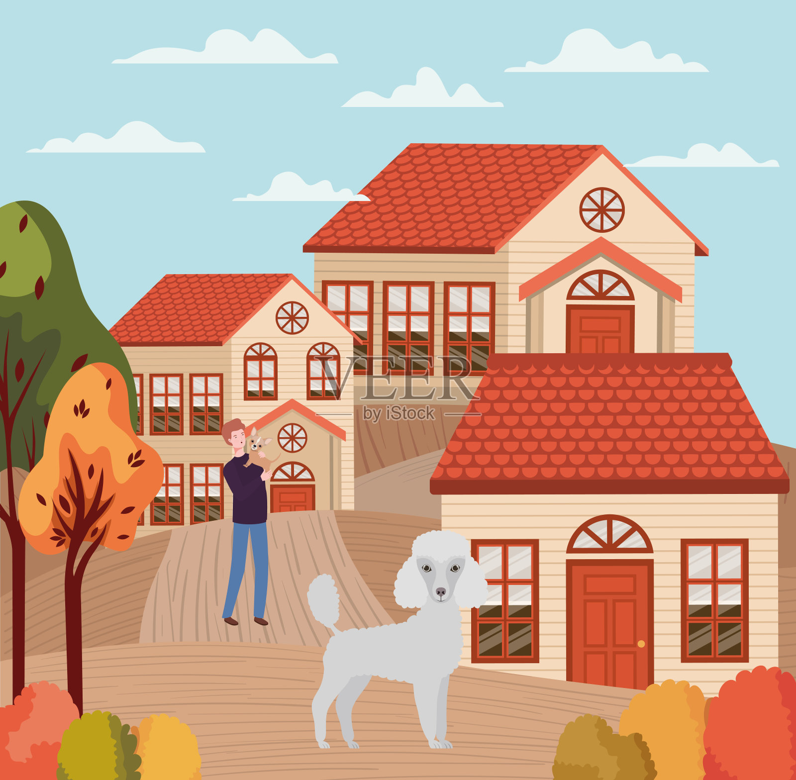 年轻男子与可爱的狗吉祥物在秋天的城市景象插画图片素材