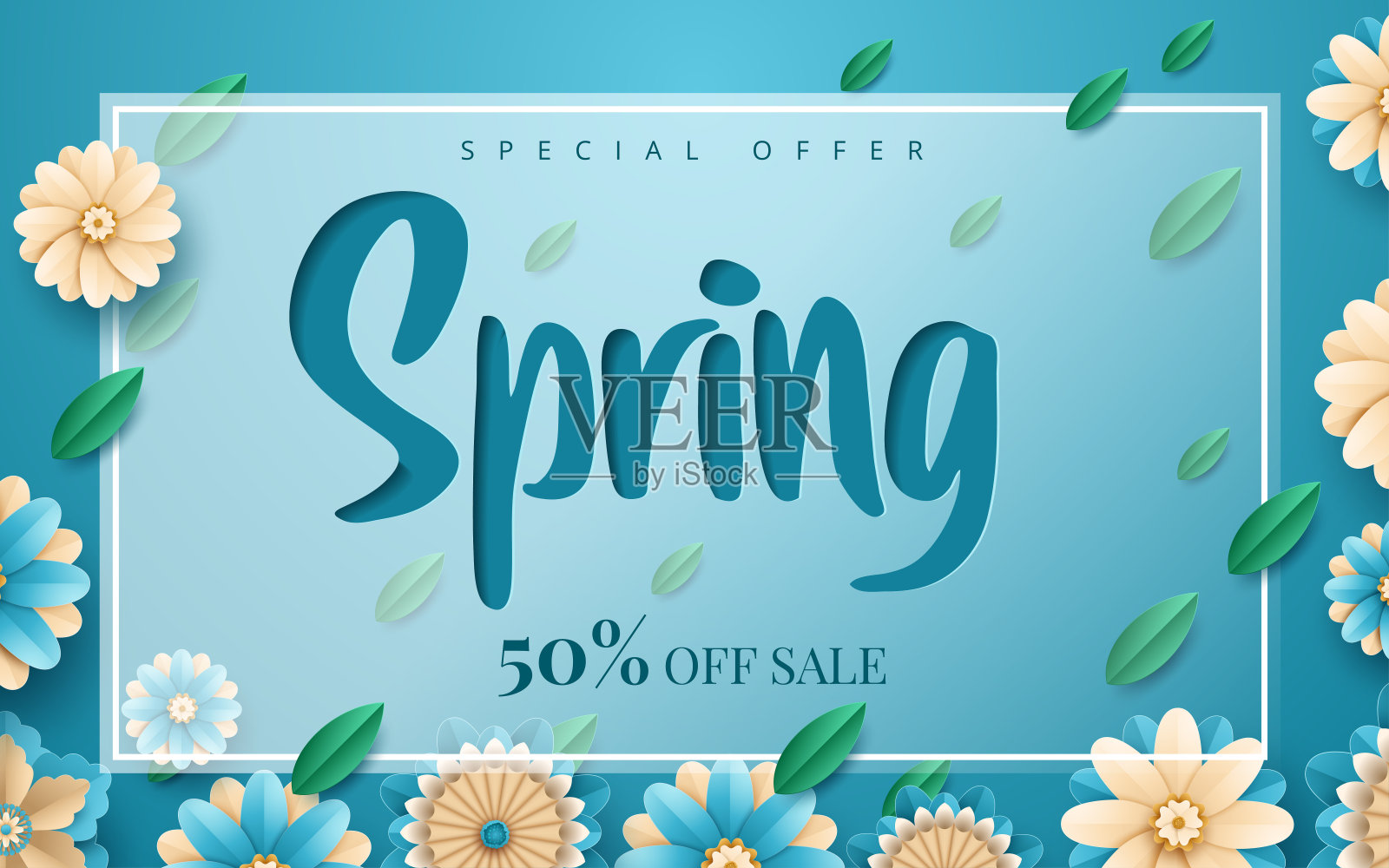 春季销售横幅模板与剪纸框架。剪纸风格,矢量插图插画图片素材