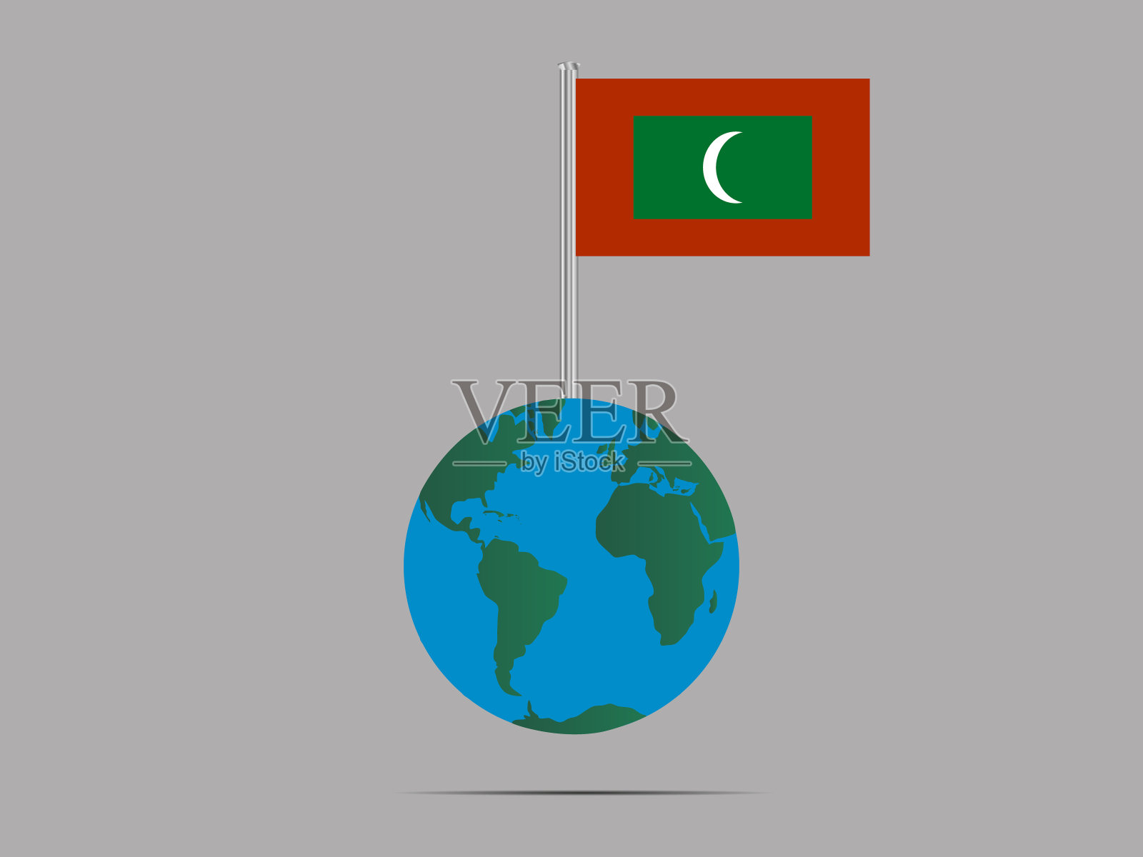 马尔代夫国旗与地球仪旗杆。蓝色的海洋和绿色的美洲,非洲和亚洲大陆。原色和比例。矢量插图,国家旗帜设置。插画图片素材