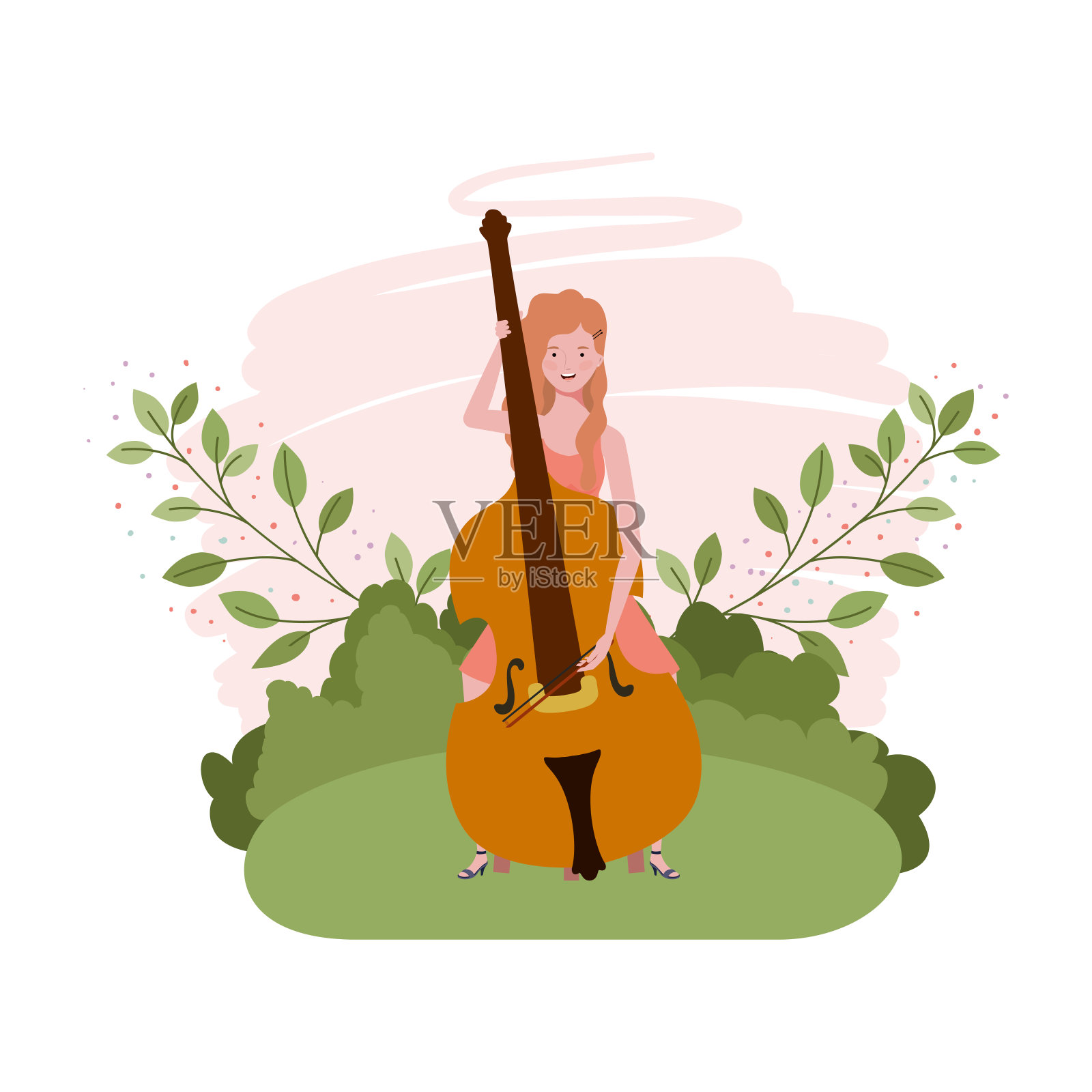 女人拿着小提琴,背景是树枝和树叶插画图片素材