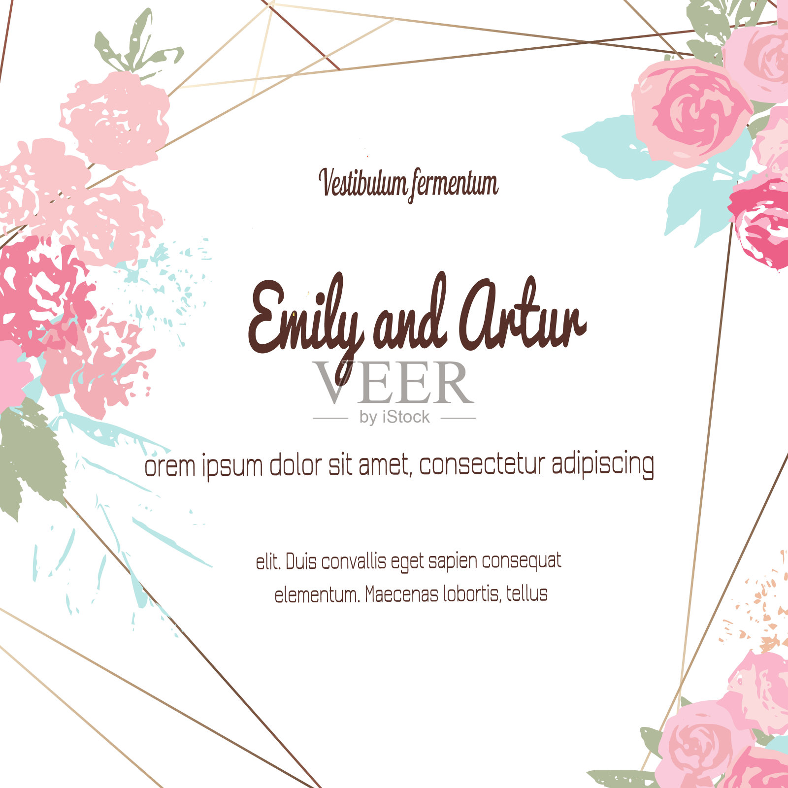 贺卡带有玫瑰,可作为婚礼、生日等节假日和夏季背景的请柬。矢量图插画图片素材