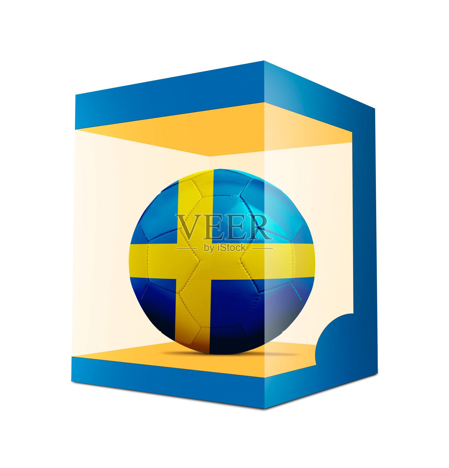 透明盒子装的带有队旗的足球照片摄影图片