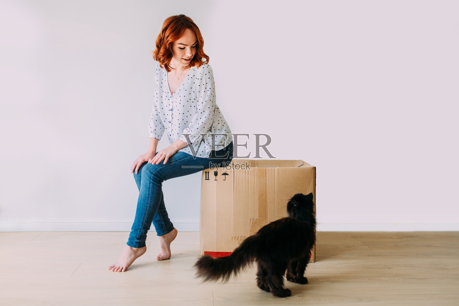 年轻漂亮的女孩和一只猫搬进了新公寓。照片摄影图片