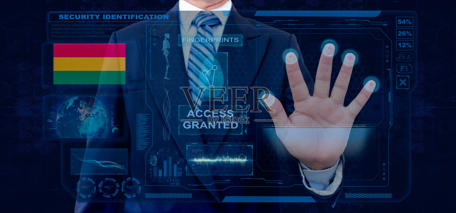 指纹生物扫描识别系统。商人扫描指纹生物识别身份并批准。玻利维亚国籍照片摄影图片