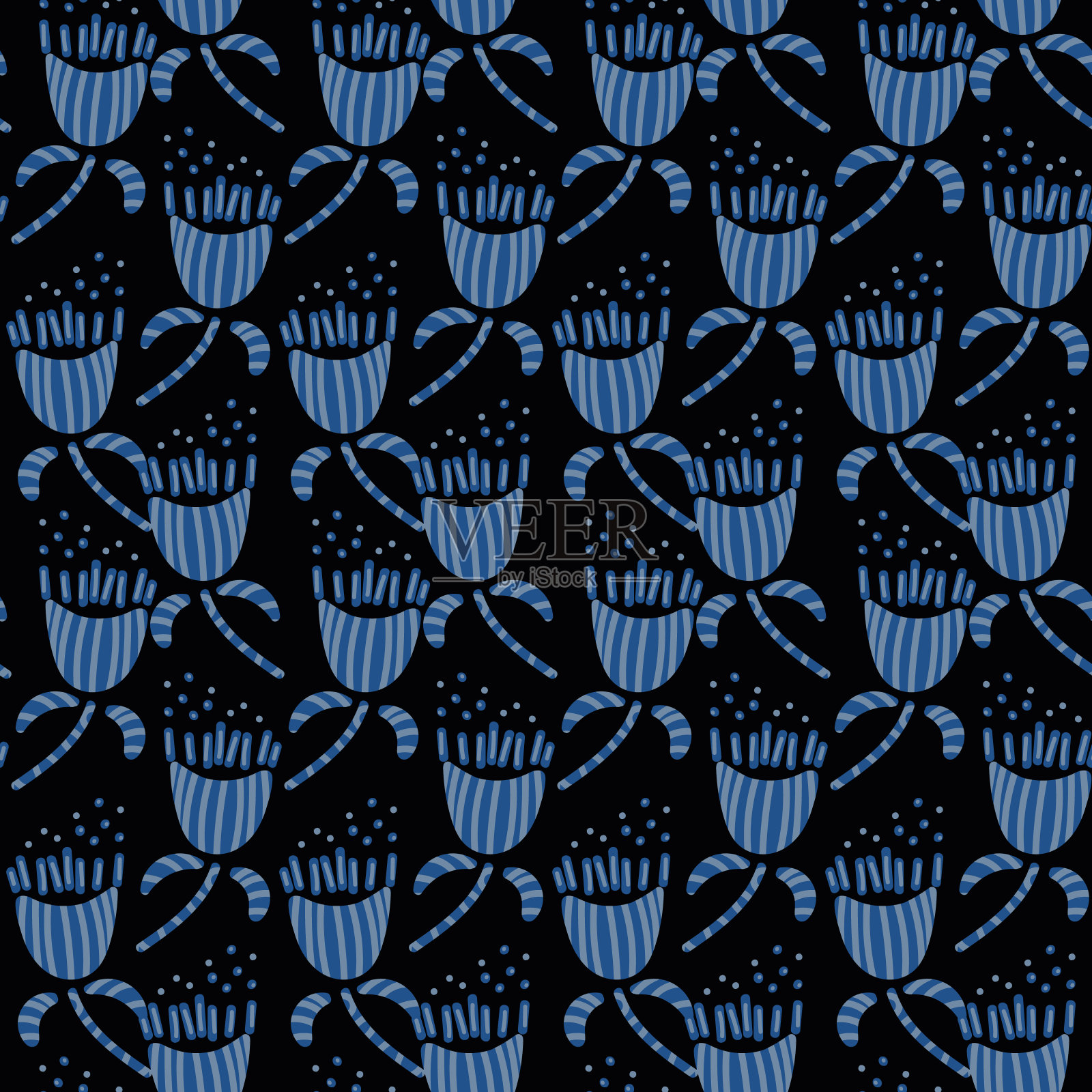 无缝矢量图案与网格的蓝色花卉形状在黑色的背景插画图片素材