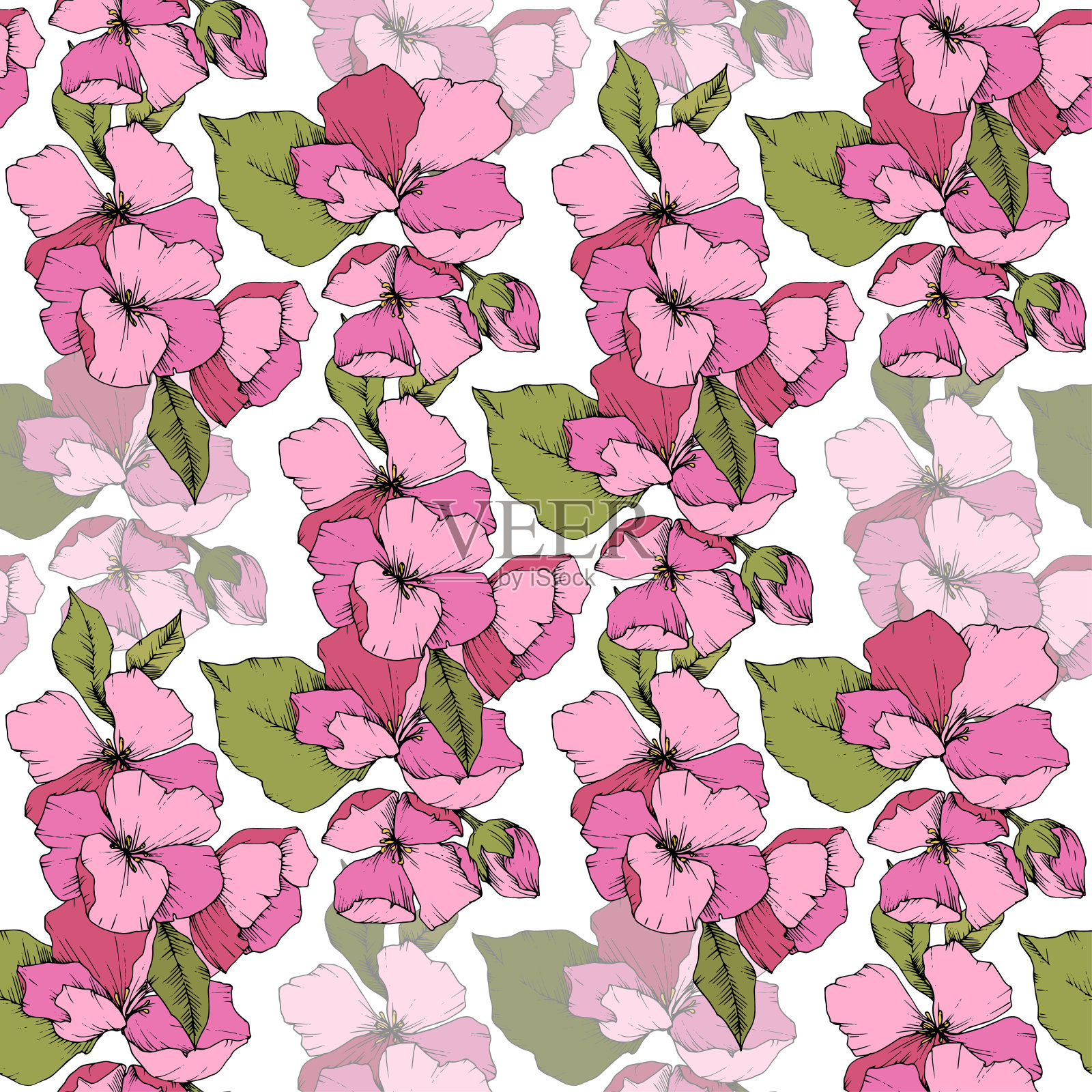 向量粉苹果花花植物花。艺术雕刻墨水。无缝的背景图案。插画图片素材