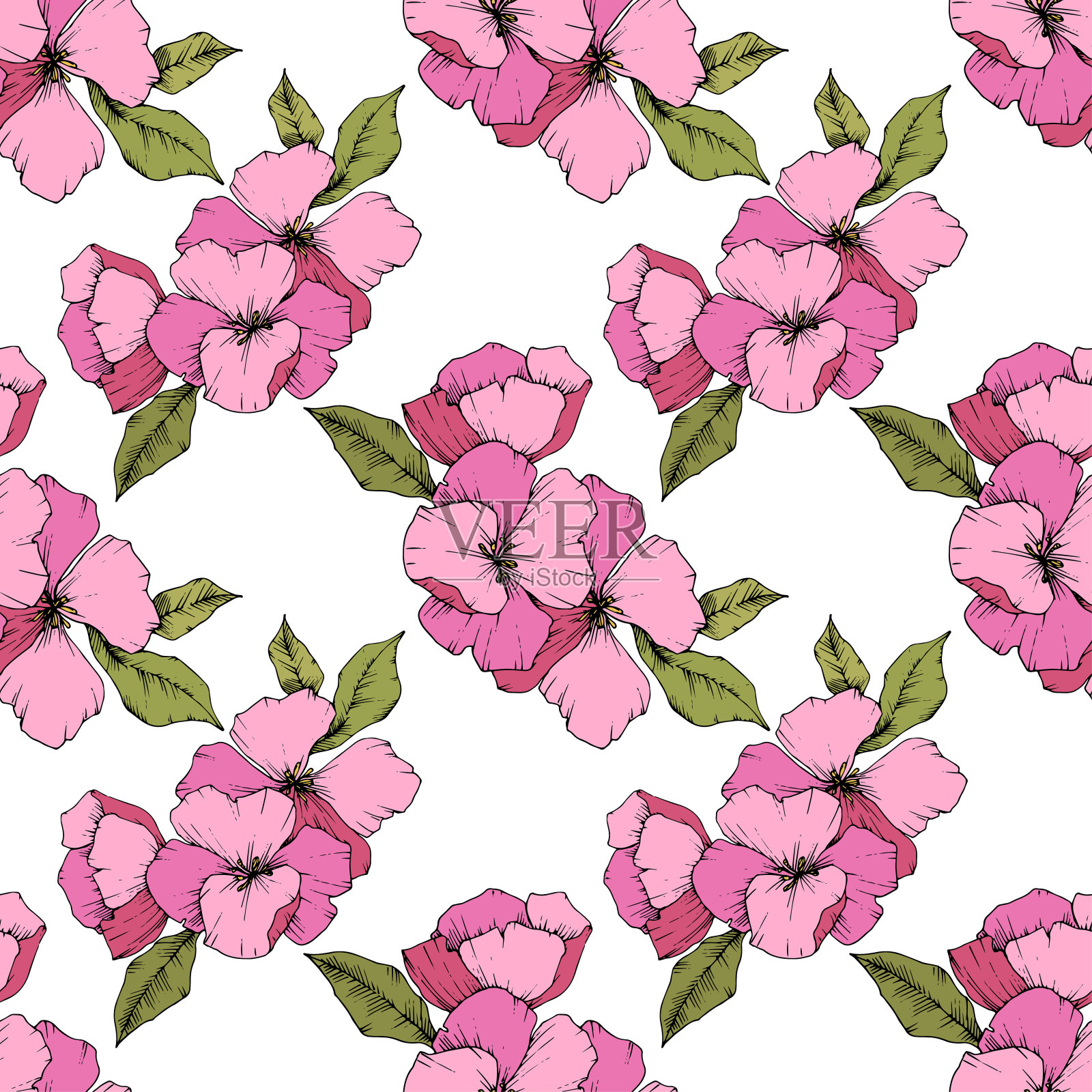 向量粉苹果花花植物花。艺术雕刻墨水。无缝的背景图案。插画图片素材