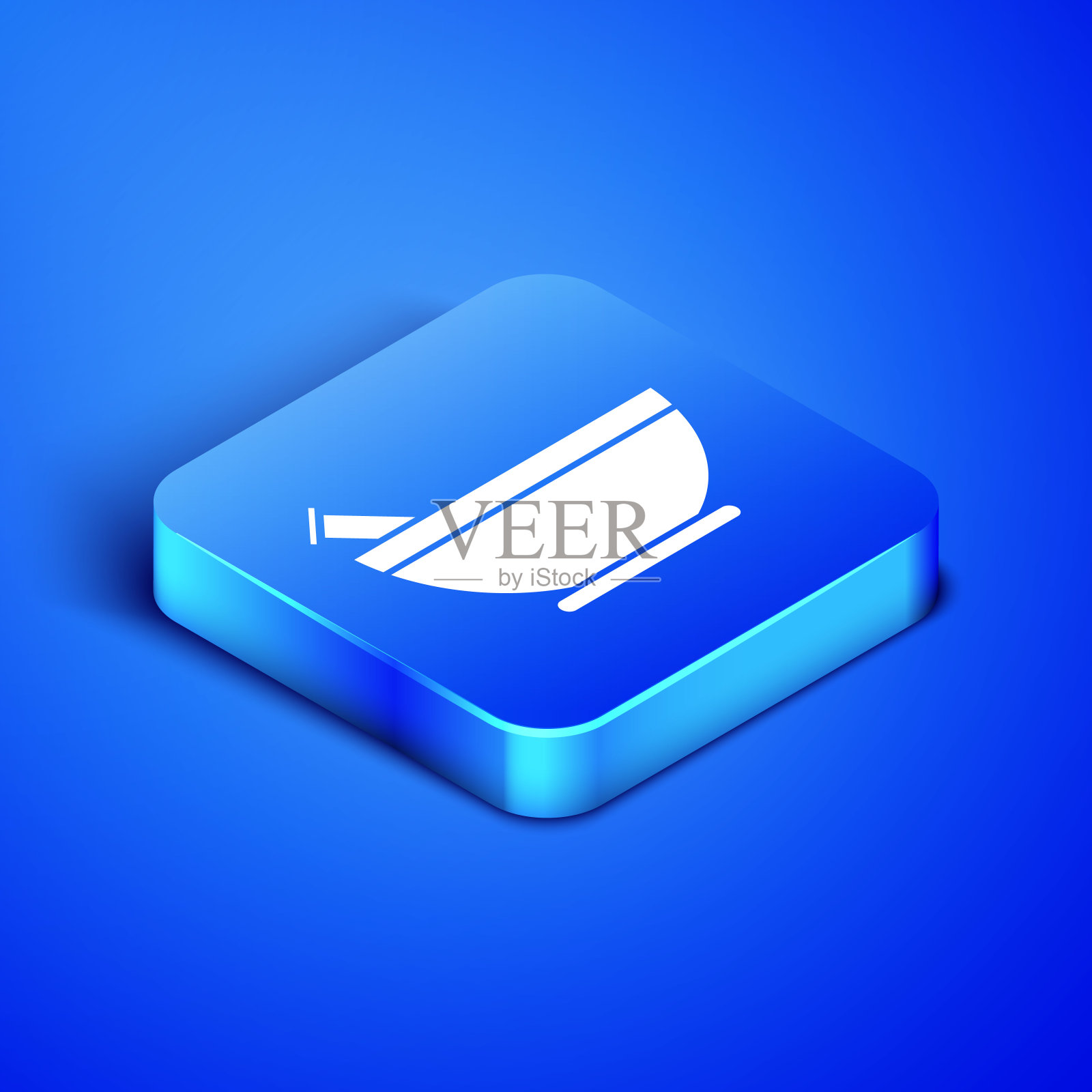 等距迫击炮和杵图标孤立在蓝色背景。蓝色方块按钮。矢量图插画图片素材