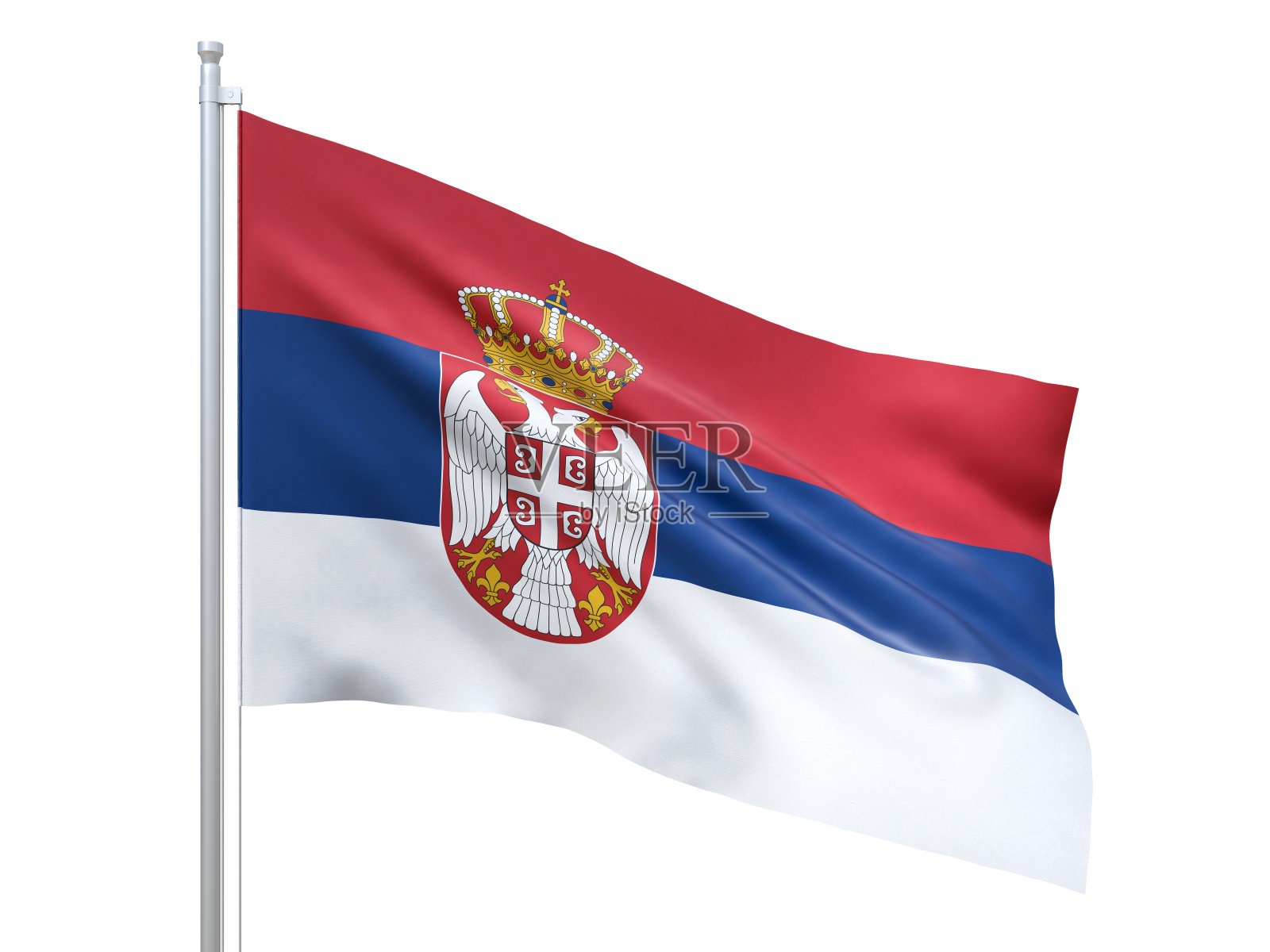 白色背景上飘扬的塞尔维亚国旗3D渲染照片摄影图片