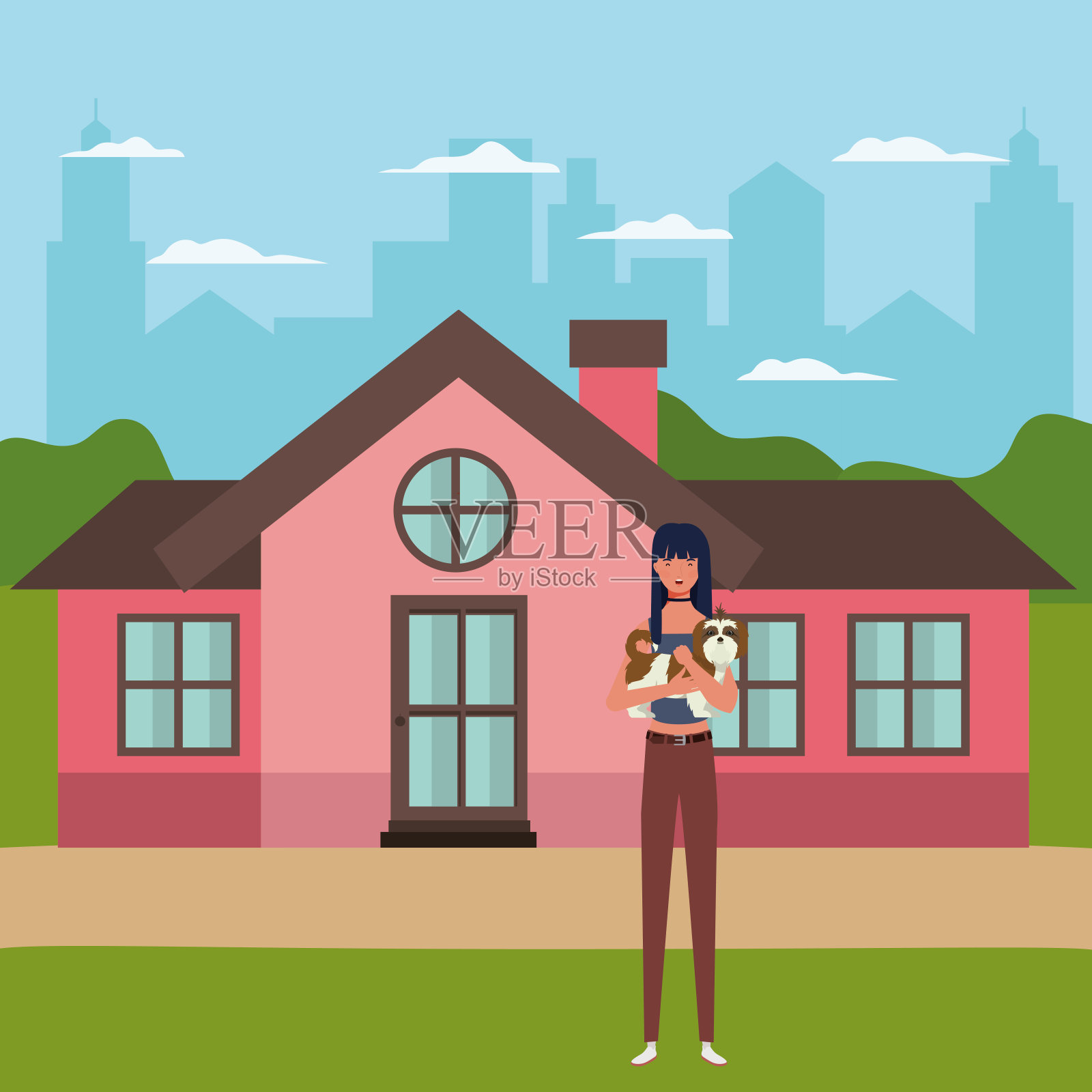 年轻女子在室外的房子里抬着可爱的狗插画图片素材