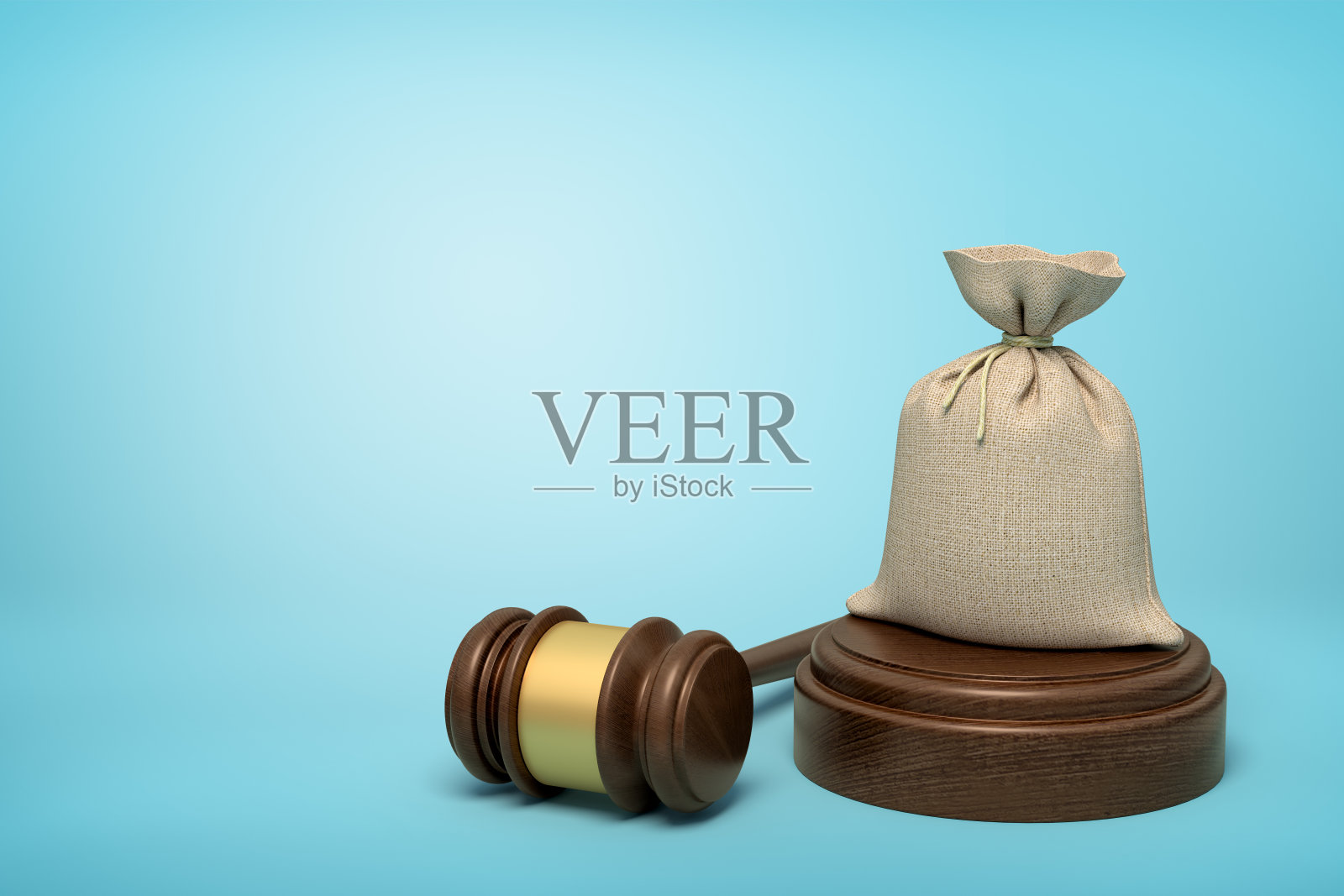 3D渲染:浅蓝色背景上的帆布钱袋和木槌照片摄影图片