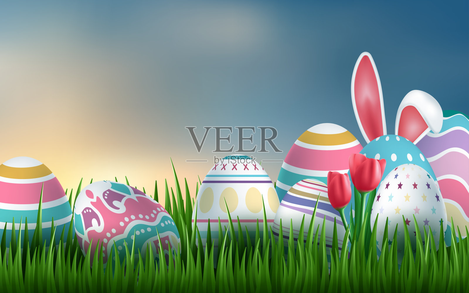 有彩蛋、草、花和散景效果的复活节快乐卡片。矢量图插画图片素材