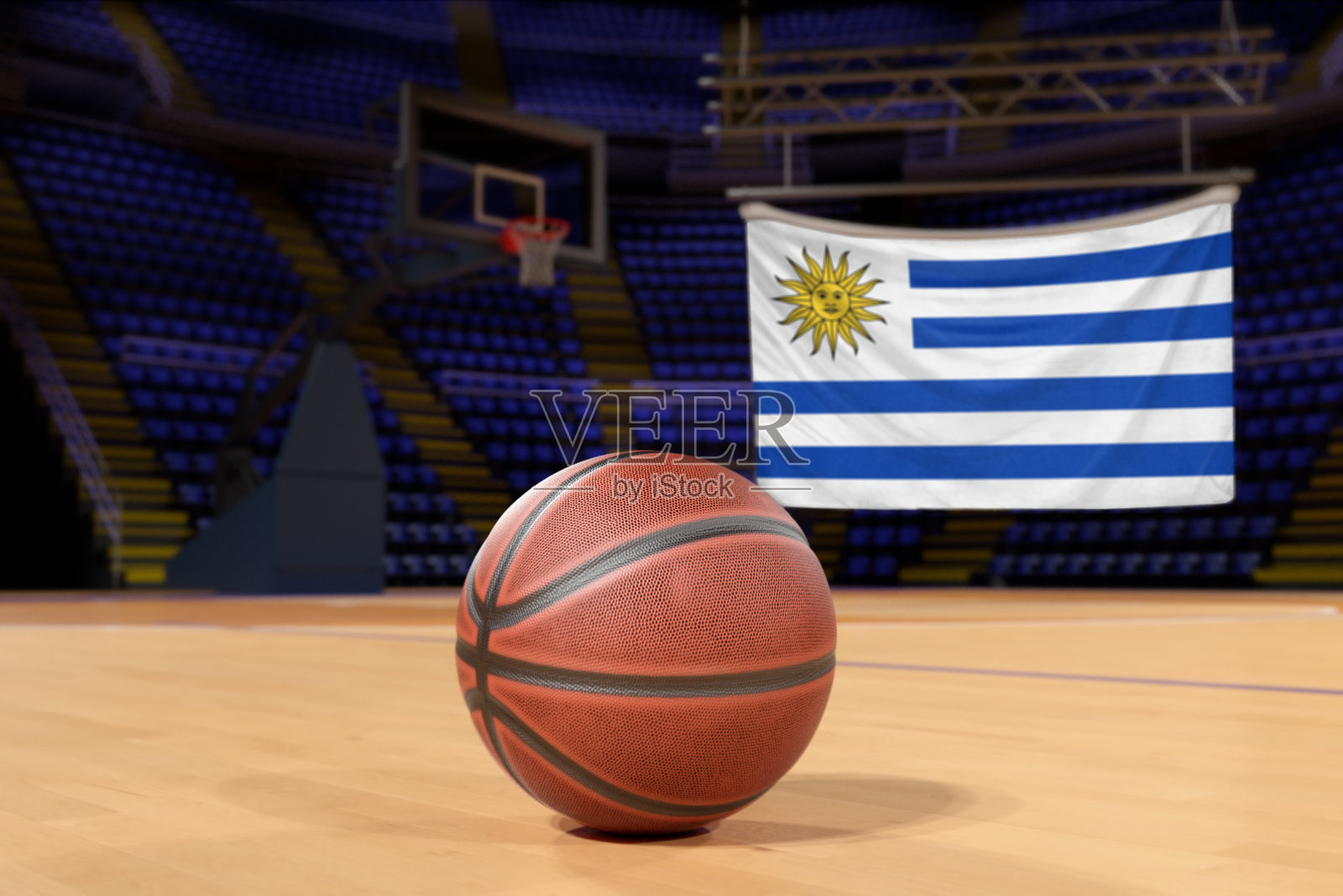 乌拉圭国旗和球场上的篮球照片摄影图片