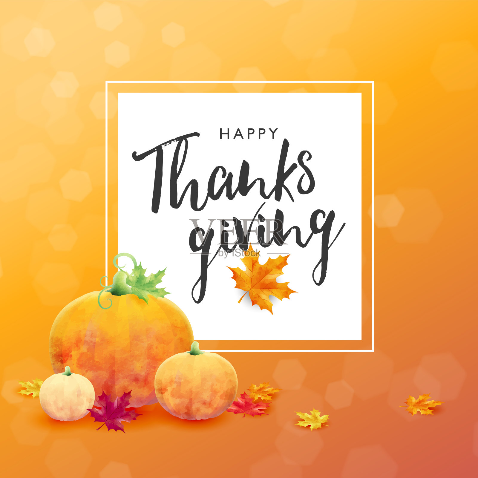 秋季感恩节营销设计布局。感恩节横幅概念快乐。枫主题设计与南瓜在橙色的散景背景。设计模板素材