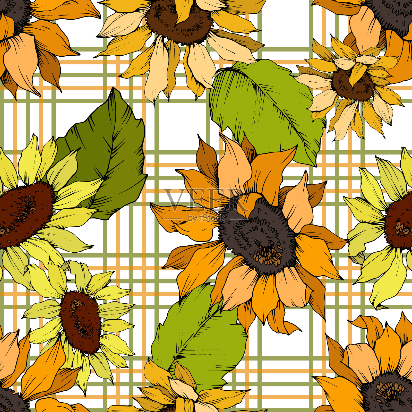 向量向日葵花植物花。黄绿镌刻水墨艺术。无缝的背景图案。插画图片素材
