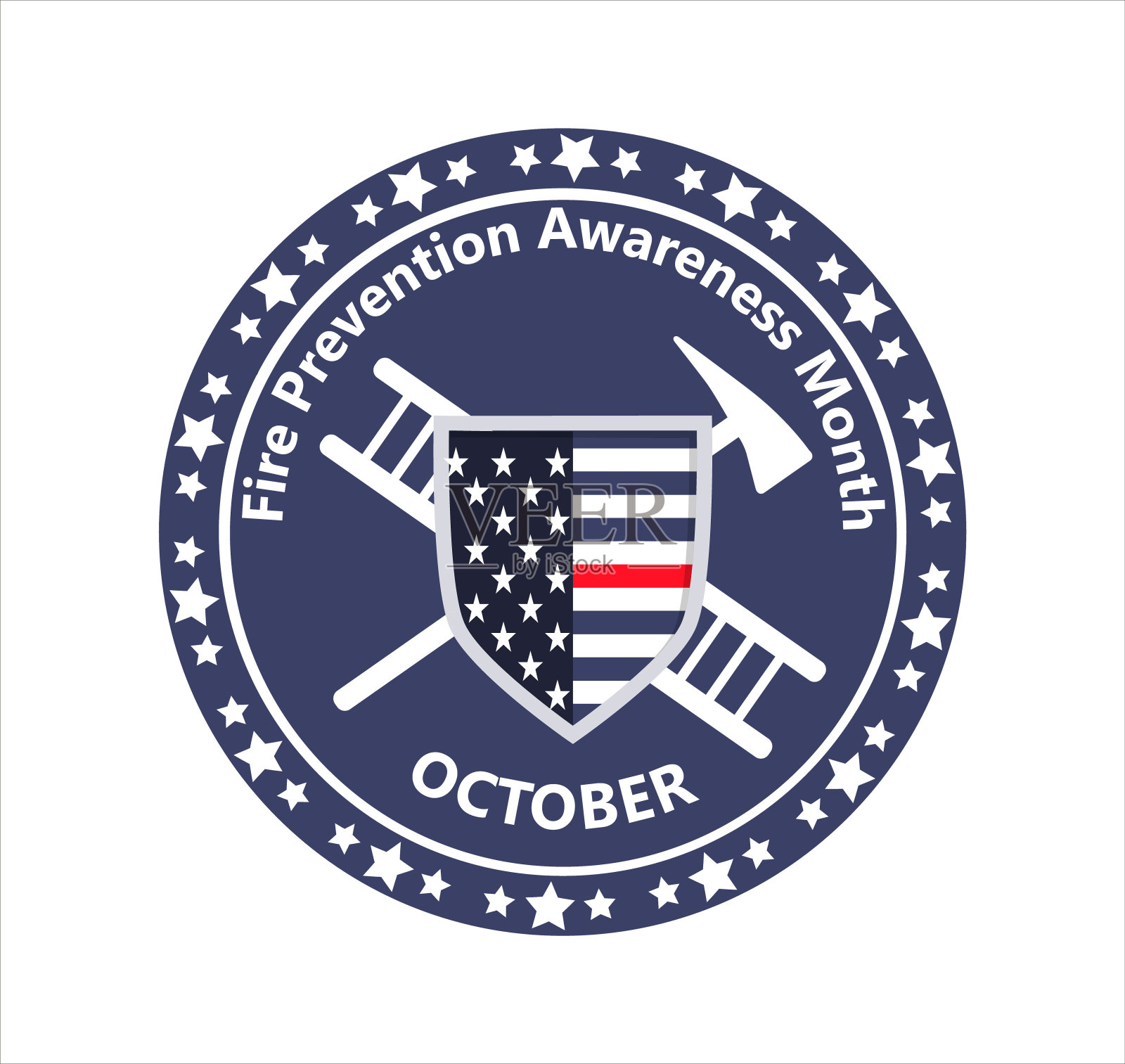 美国每年10月举办防火宣传月。梯子,工具,上面有美国国旗的盾牌。插画图片素材