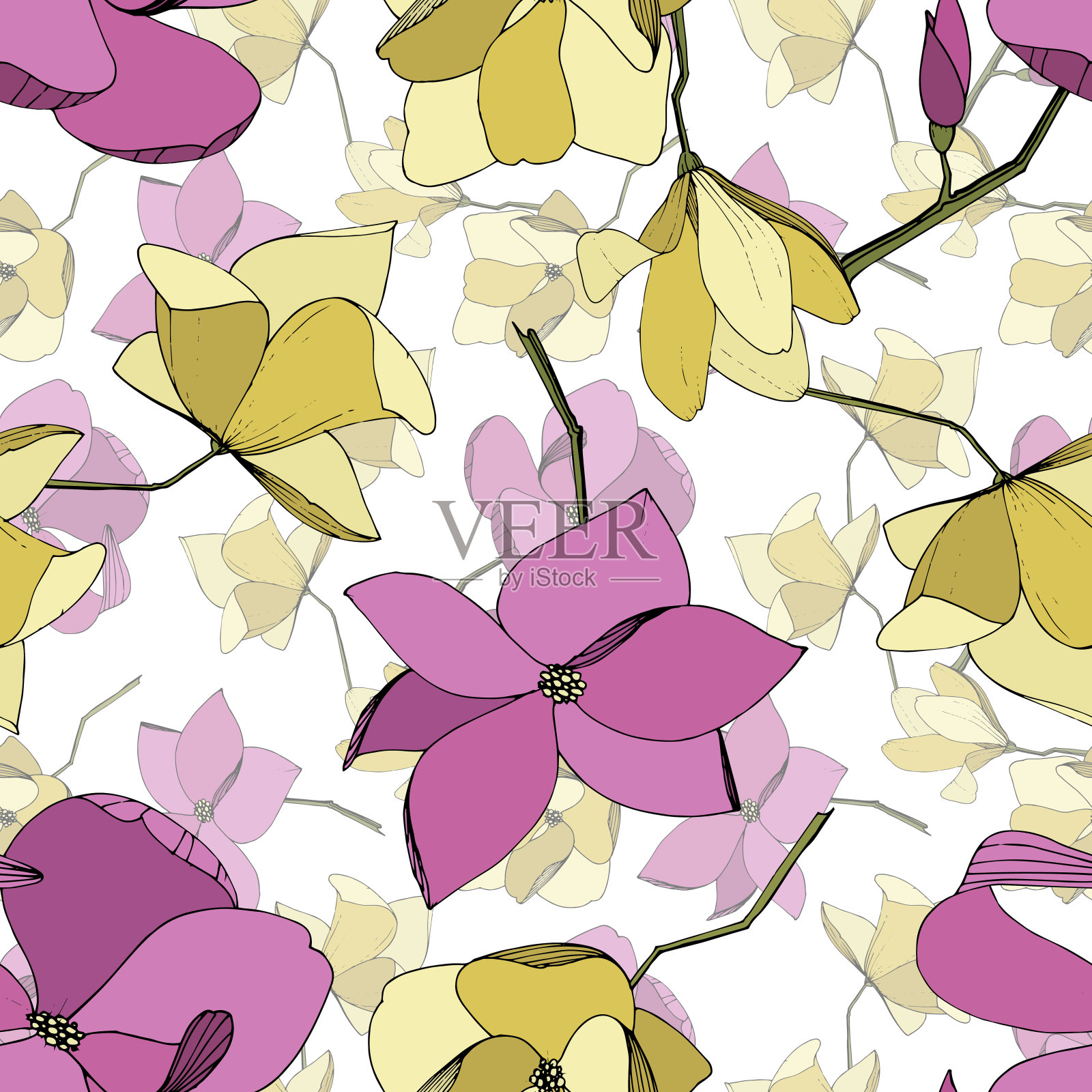 玉兰花载体植物花。紫色和黄色的雕刻水墨艺术。无缝的背景图案。插画图片素材